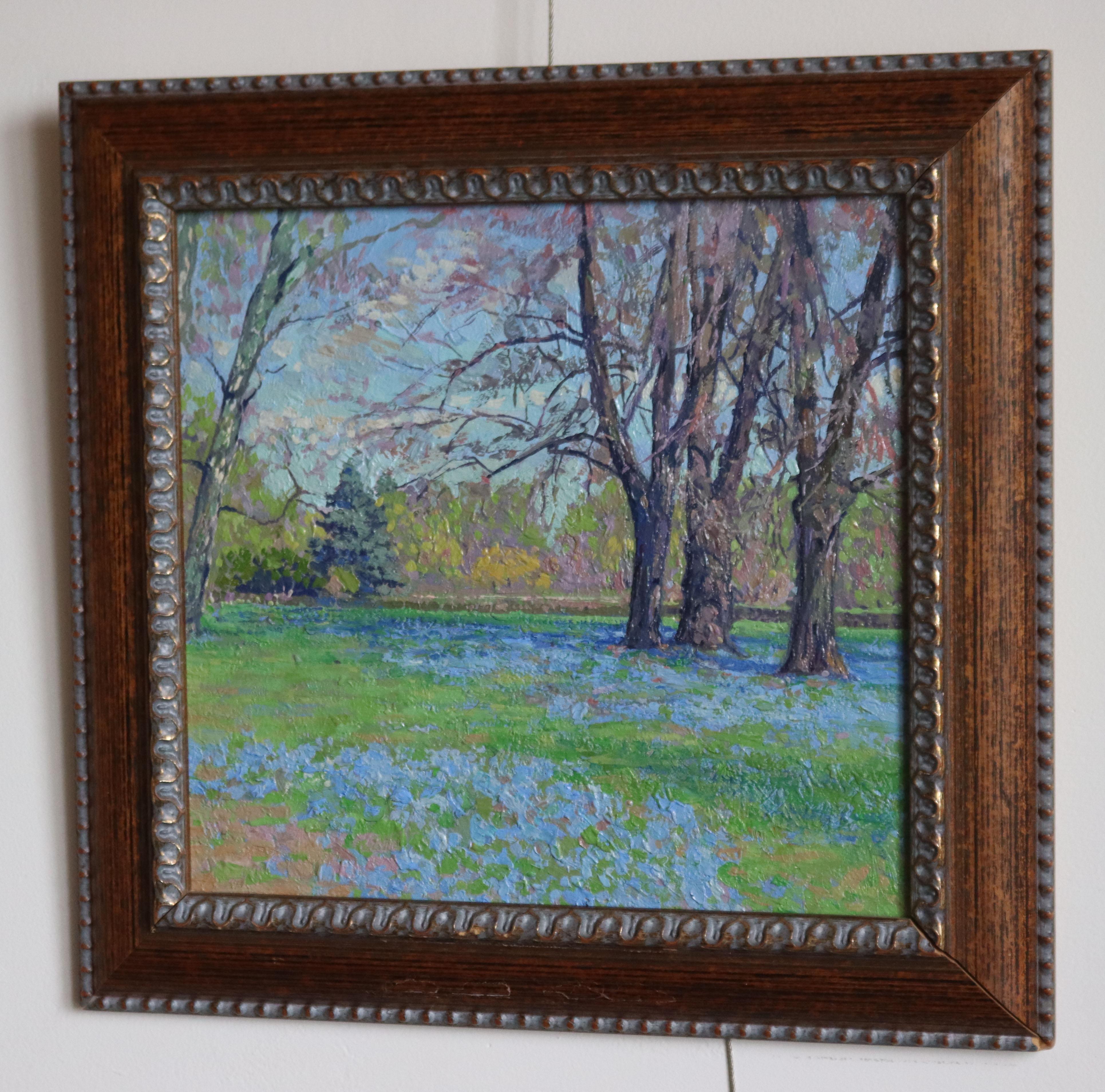 Scilla of Lucilia. Botanical Garden. Oil painting Plein Air Landscape with Trees For Sale 8