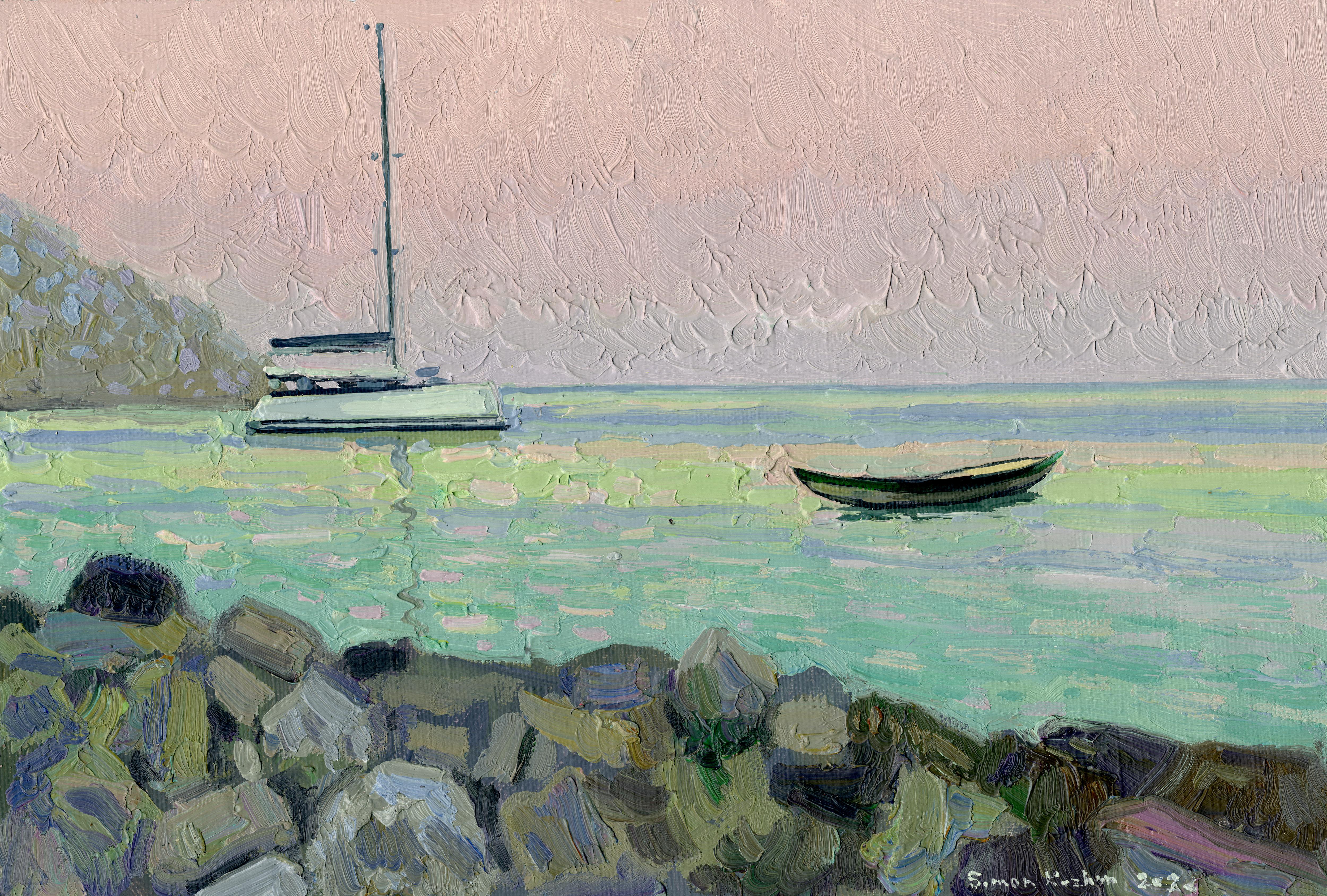 Seascape Painting of Turunc Beach, Oil on Canvas, Framed, 21x32 cm