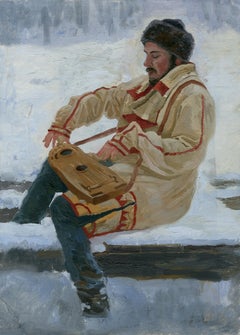 Self-Portrait beim Guslispiel Realistische Malerei auf Rahmen 2001 Öl auf Karton
