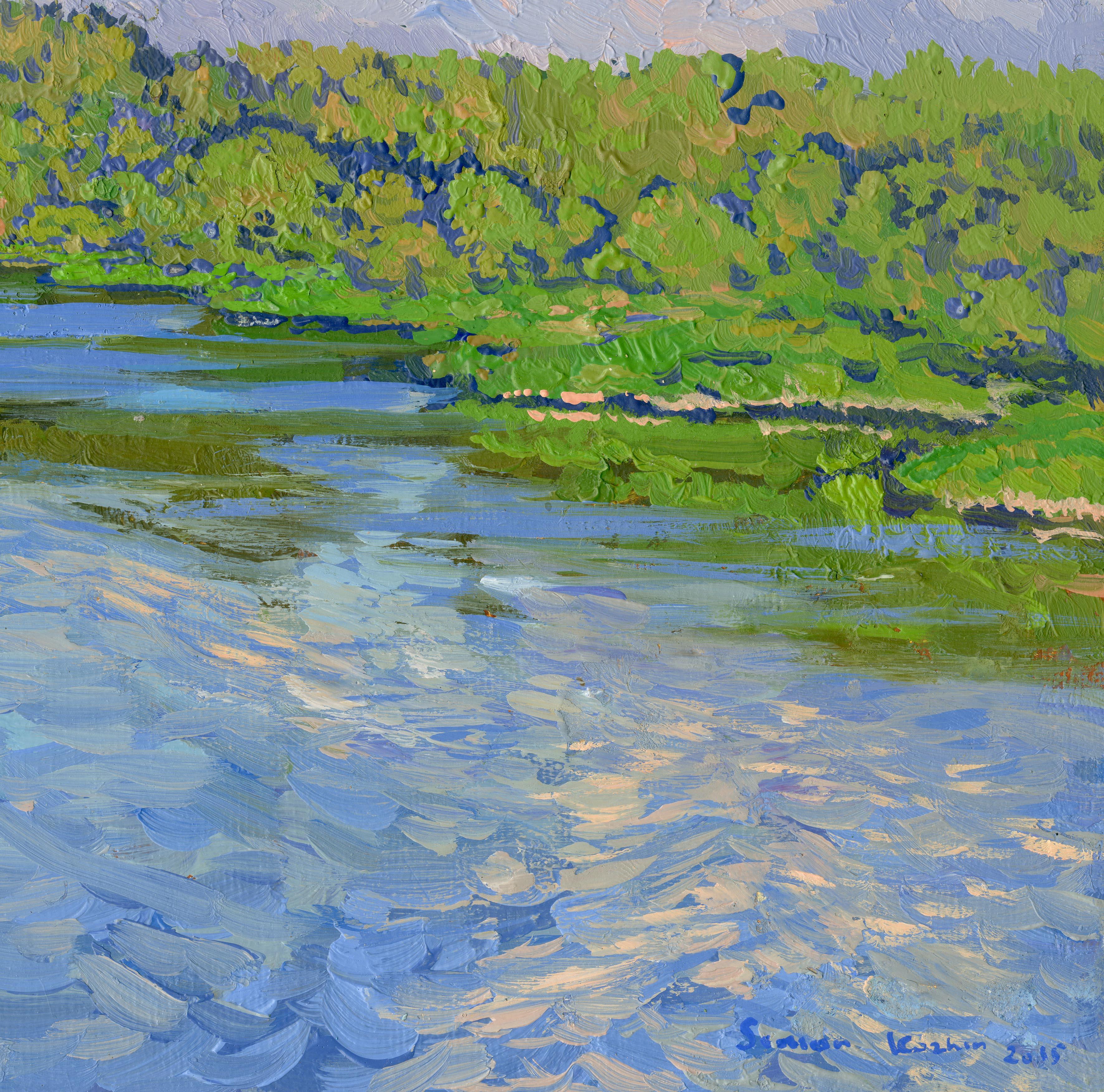 Silent evening. The Luh river - Blue Landscape Painting by Simon Kozhin