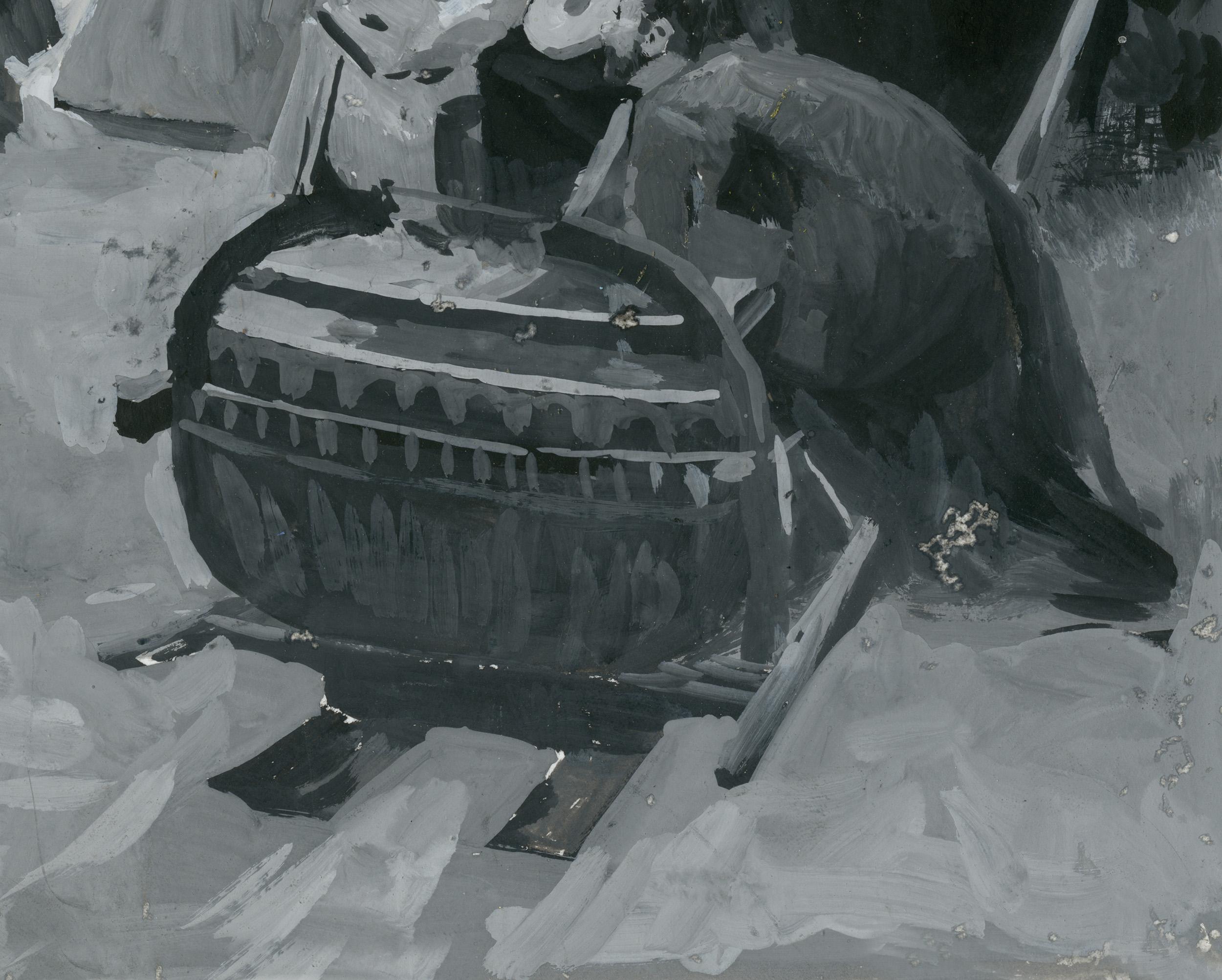 One of the sketches for Shrovetide made in gouache in 2001. The chosen technique is grisaille and tonal analysis of rhythms and spots of people and costumes in the composition and organization of the center. I completed several dozen sketches in