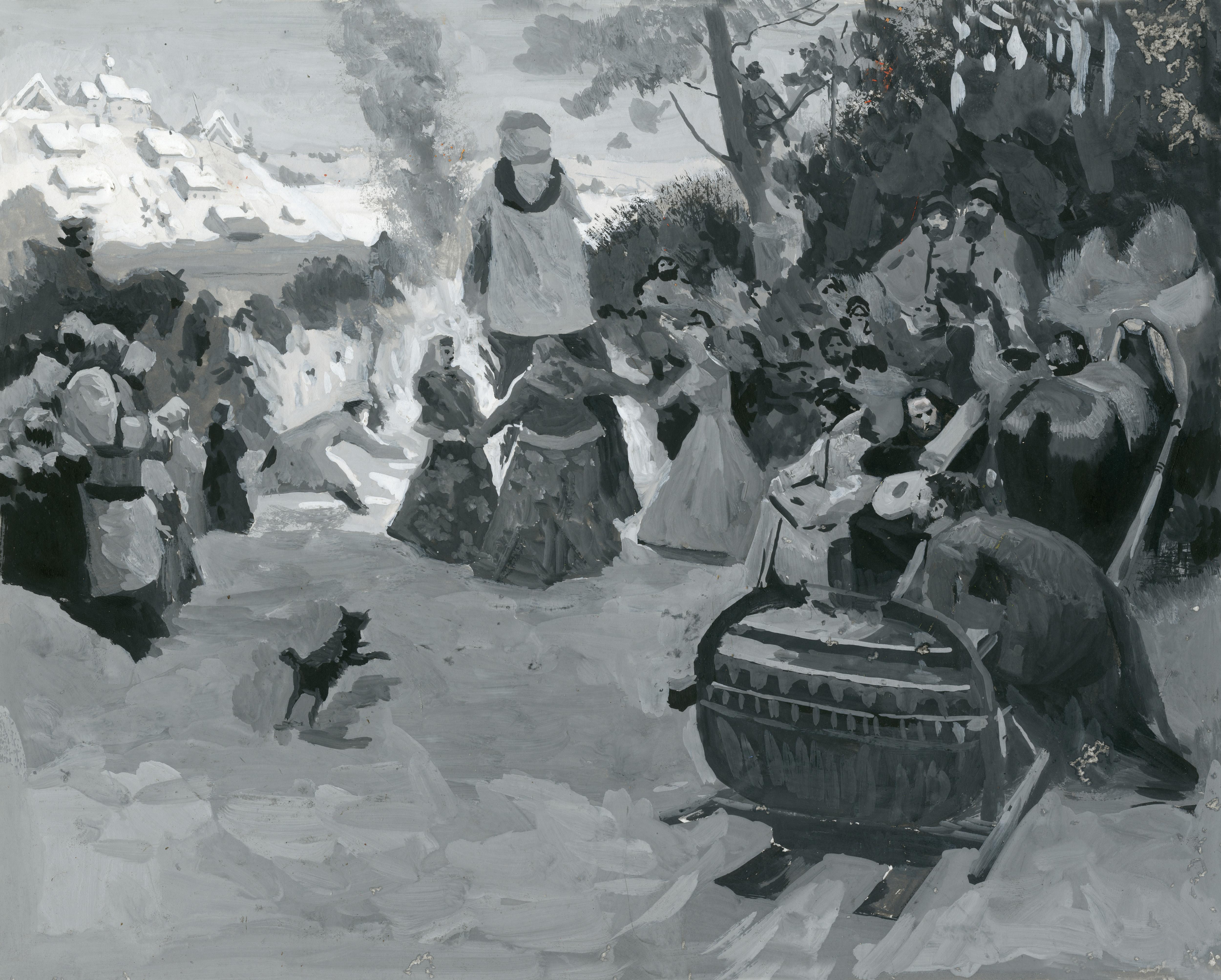 Simon Kozhin Figurative Painting - Sketch. Maslenitsa. Farevell off winter. XVII century