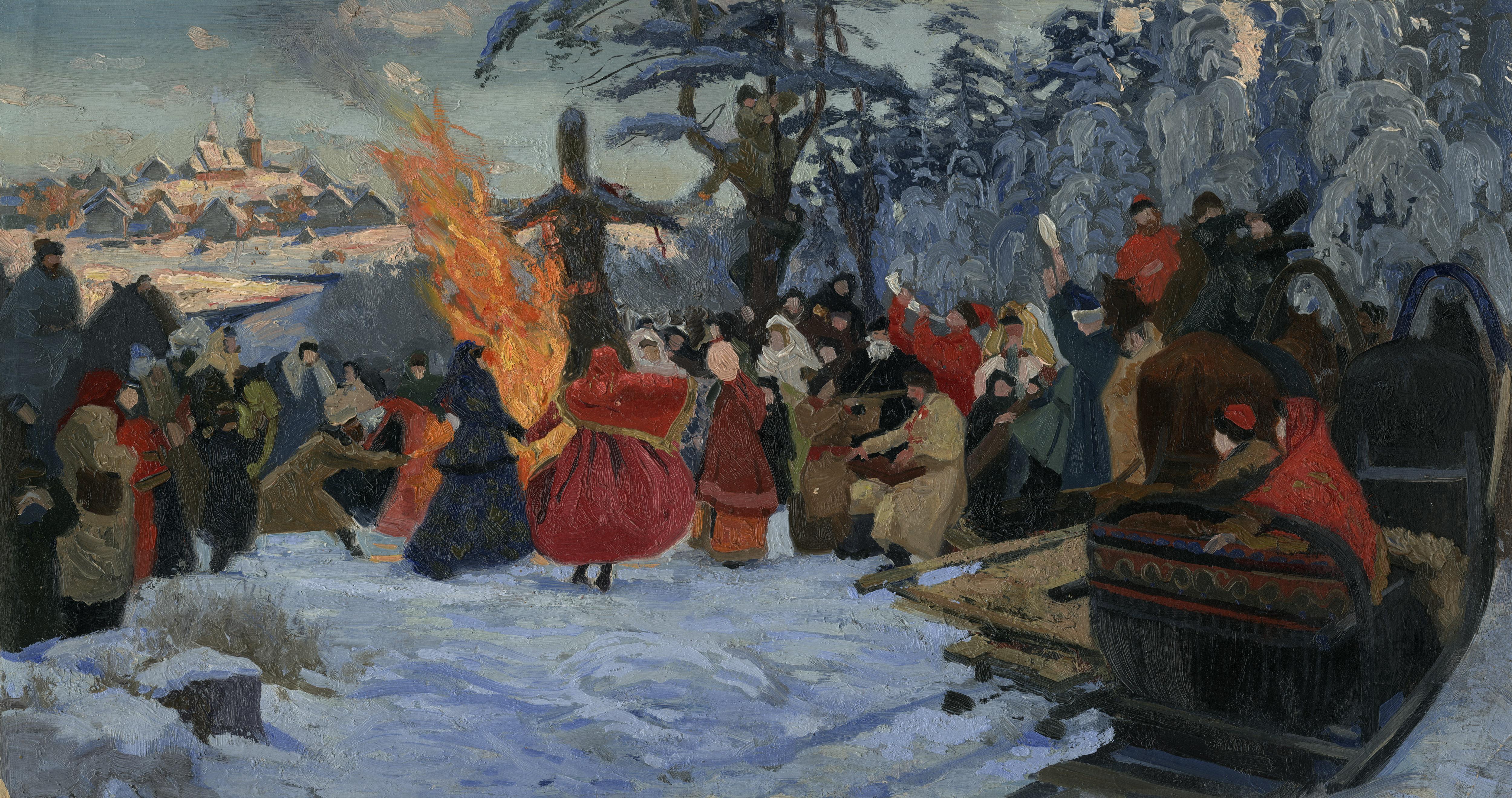 Figurative Painting Simon Kozhin - Esquisse. Maslenitsa. Bienvenue à l'hiver. 17e siècle