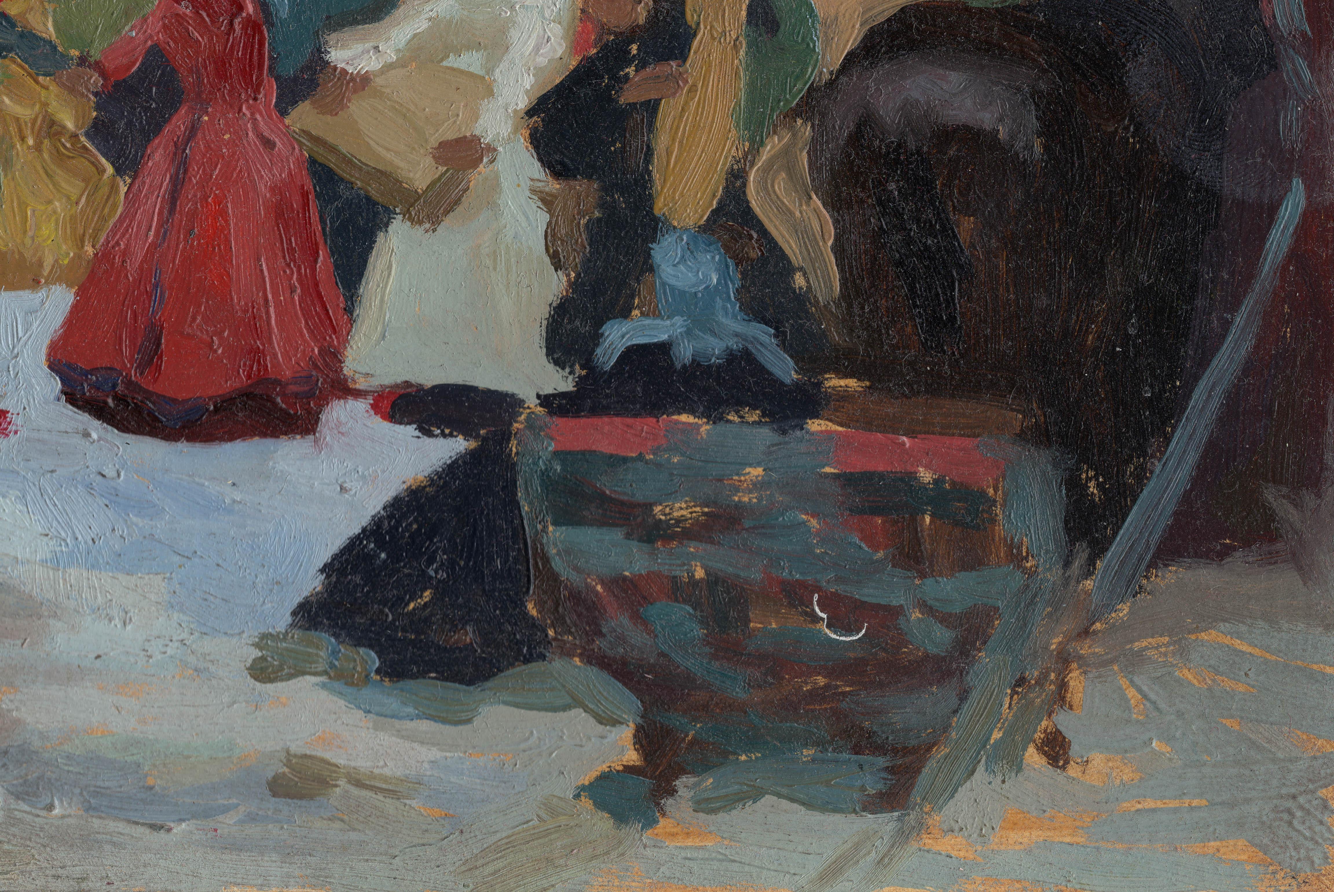 Das Bild Fastnacht, das fast zur gleichen Zeit entstanden ist, stellt den Farbenrausch und die heidnische Freude dar. Aber der philosophische Aspekt der Handlung ist von größter Bedeutung. In dem Moment, in dem die Vogelscheuche verbrannt wird,