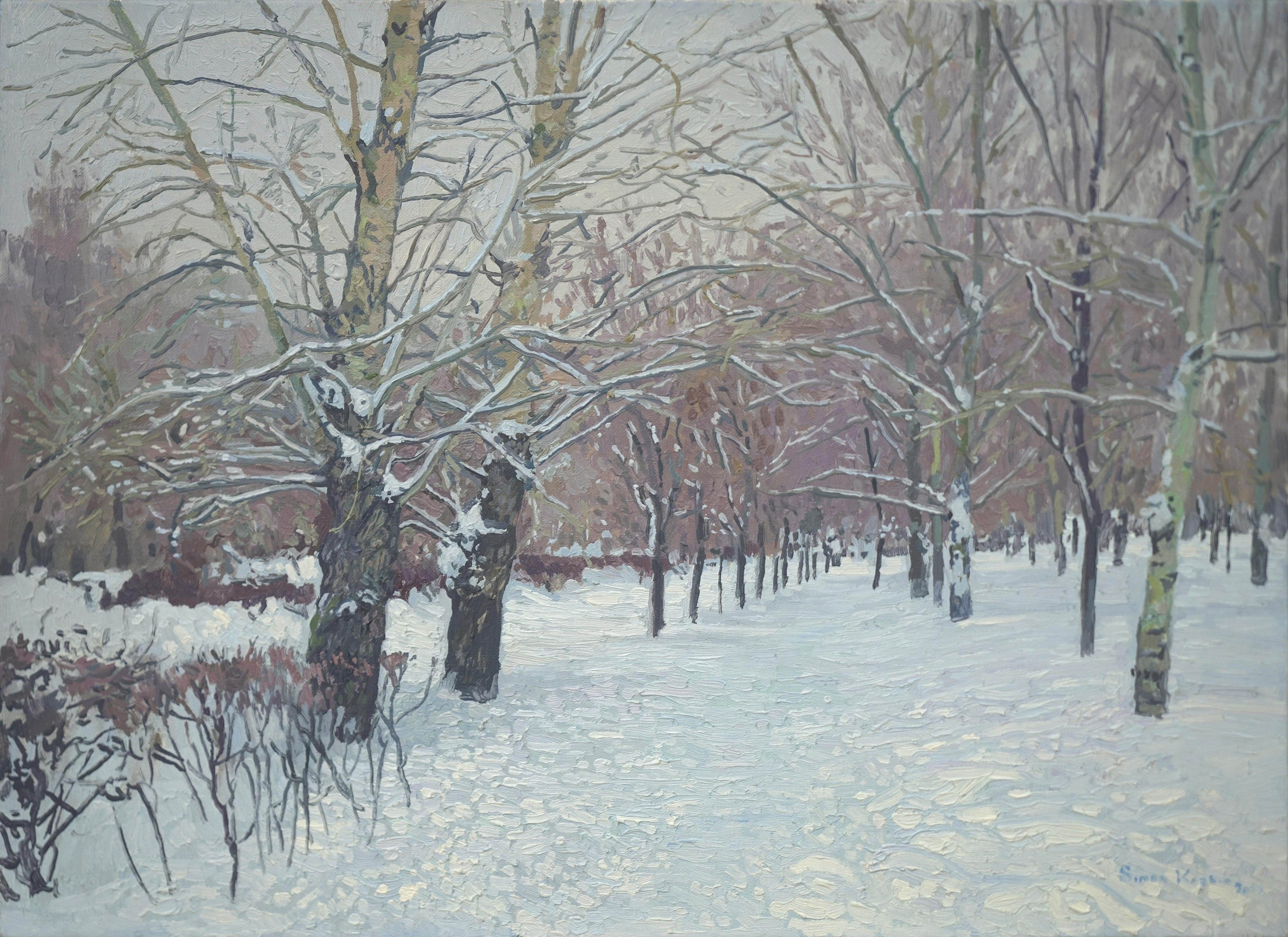 Snow-covered boulevard in Maryino