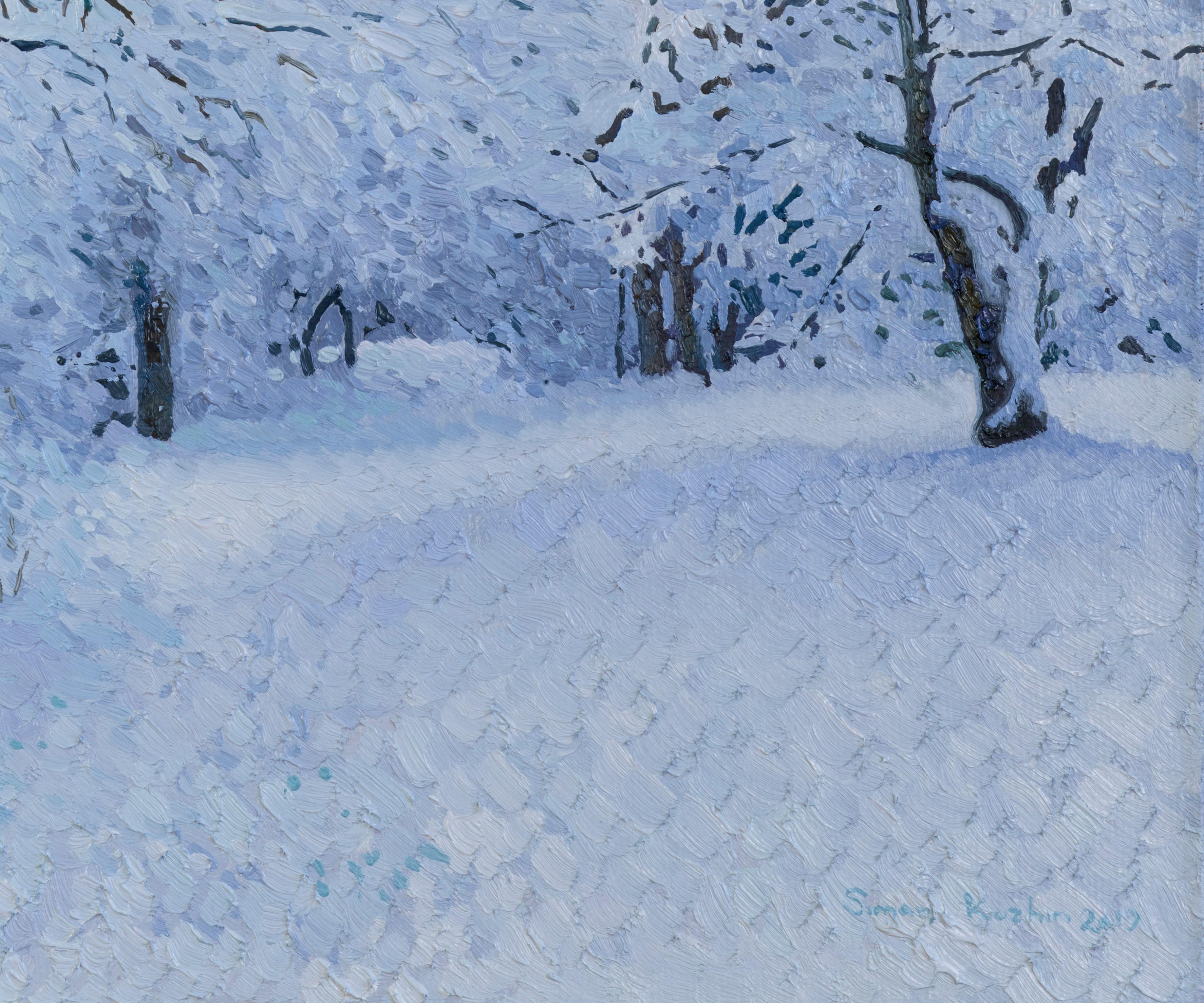 En este óleo he plasmado el abrazo sereno del invierno. Los trazos impresionistas y los toques de realismo crean una escena vívida: un jardín silencioso donde cada copo de nieve cuenta una historia. La danza de luces y sombras sobre la nieve genera