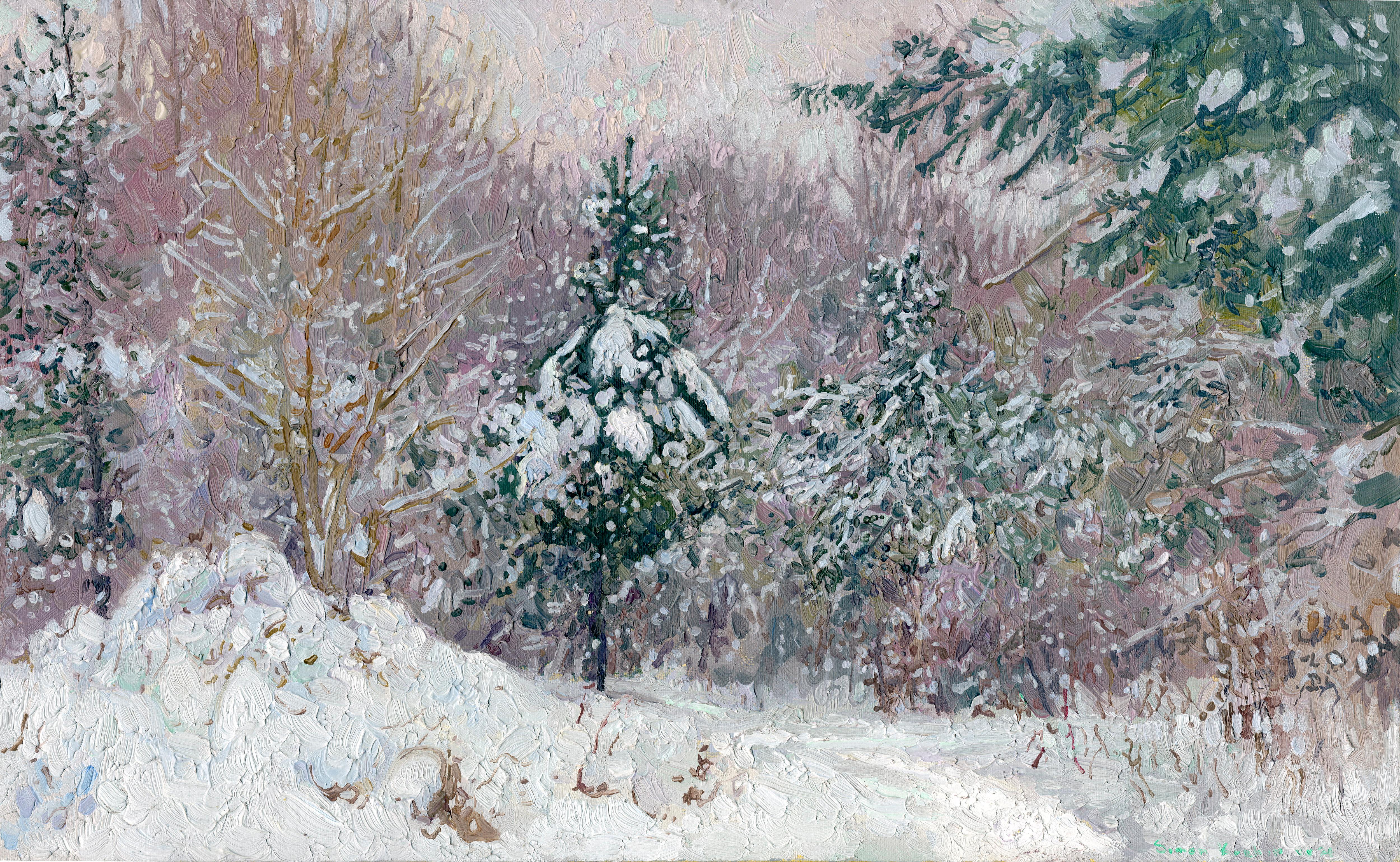 Simon Kozhin Landscape Painting - Snow-covered pine trees in Kuzminki Park, Impressionist, Painting, Oil on canvas
