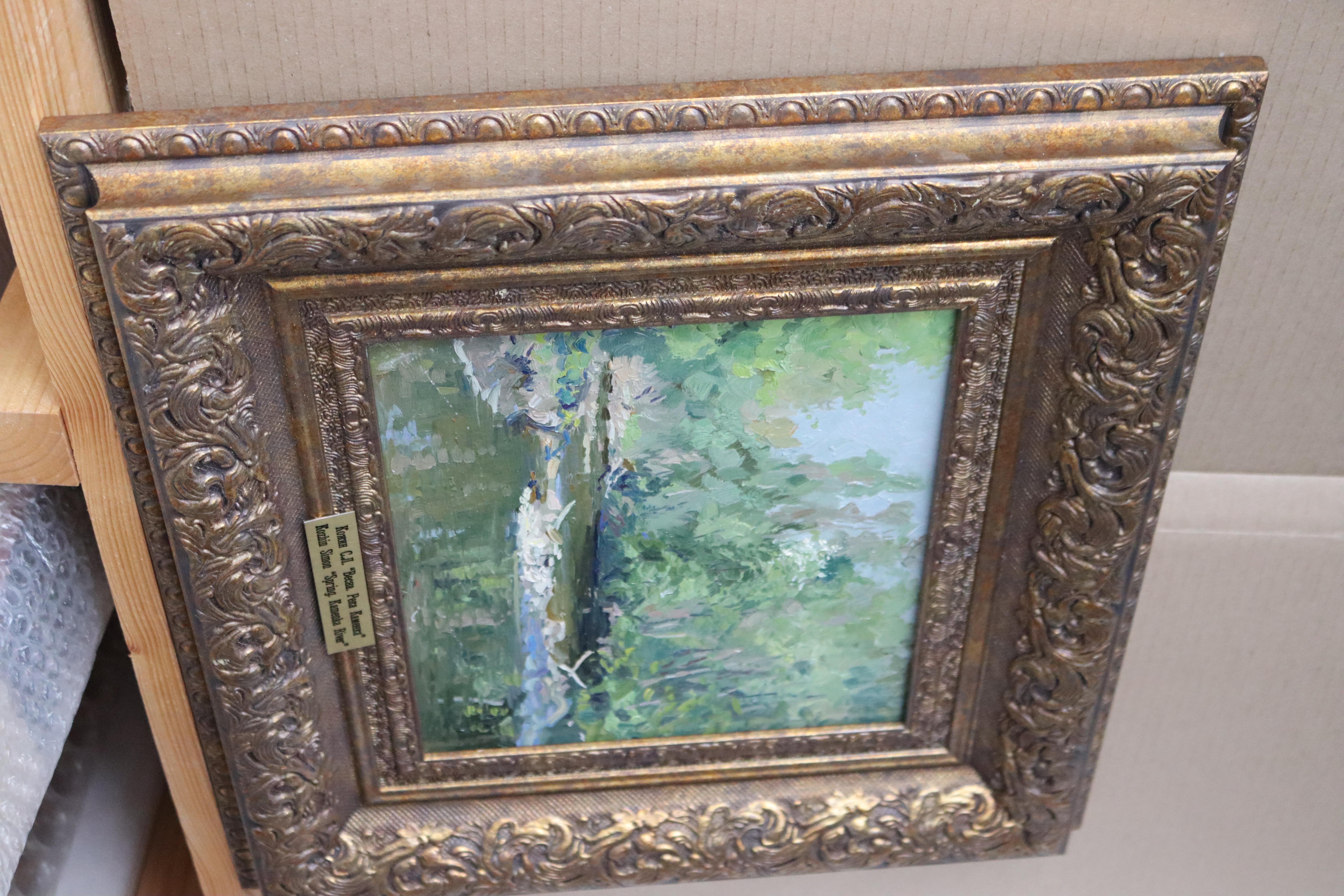 Primavera. Río Kamenka - Landscape Painting Gris de Simon Kozhin