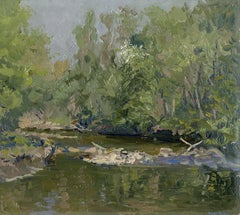 Frühling am Fluss Kamenka – impressionistisches Ölgemälde auf Karton