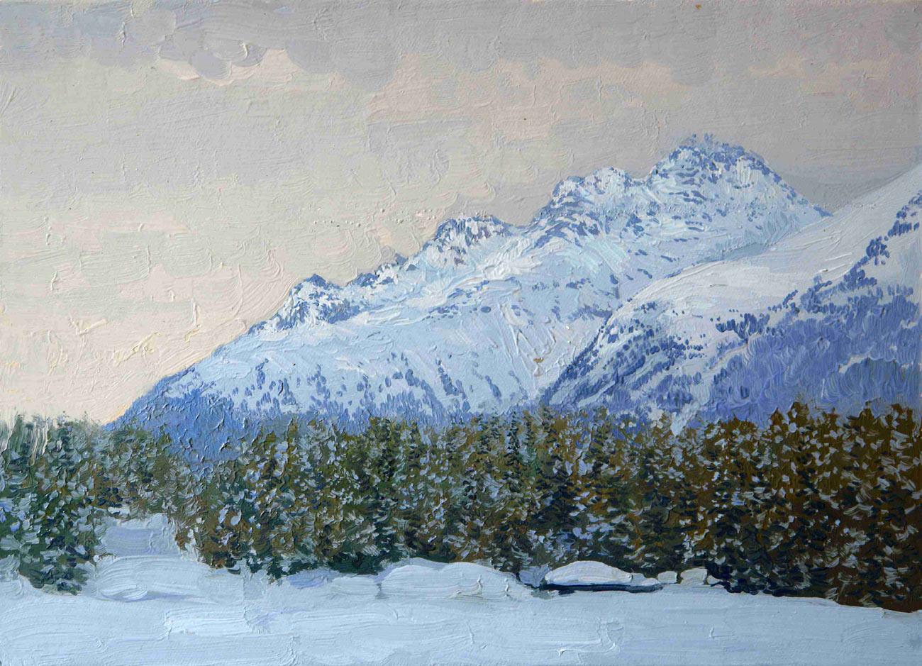 St. Moritz. Paisaje montañoso suizo, pintura al óleo Plein Air de invierno, enmarcada. - Painting de Simon Kozhin
