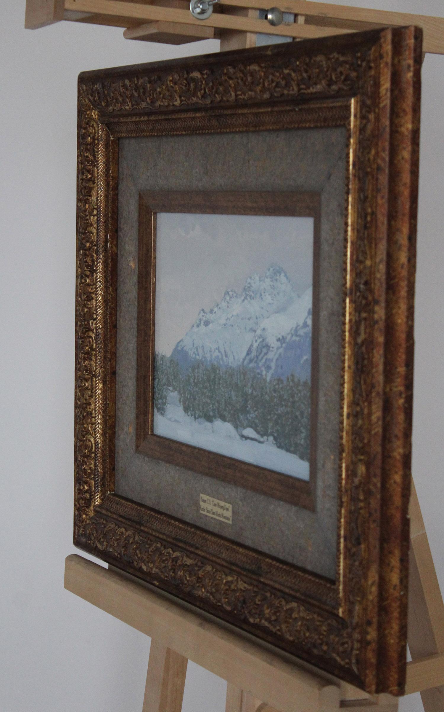 St. Moritz. Paisaje montañoso suizo, pintura al óleo Plein Air de invierno, enmarcada. 1