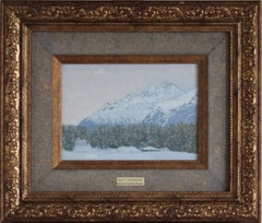 St. Moritz. Paisaje montañoso suizo, pintura al óleo Plein Air de invierno, enmarcada.