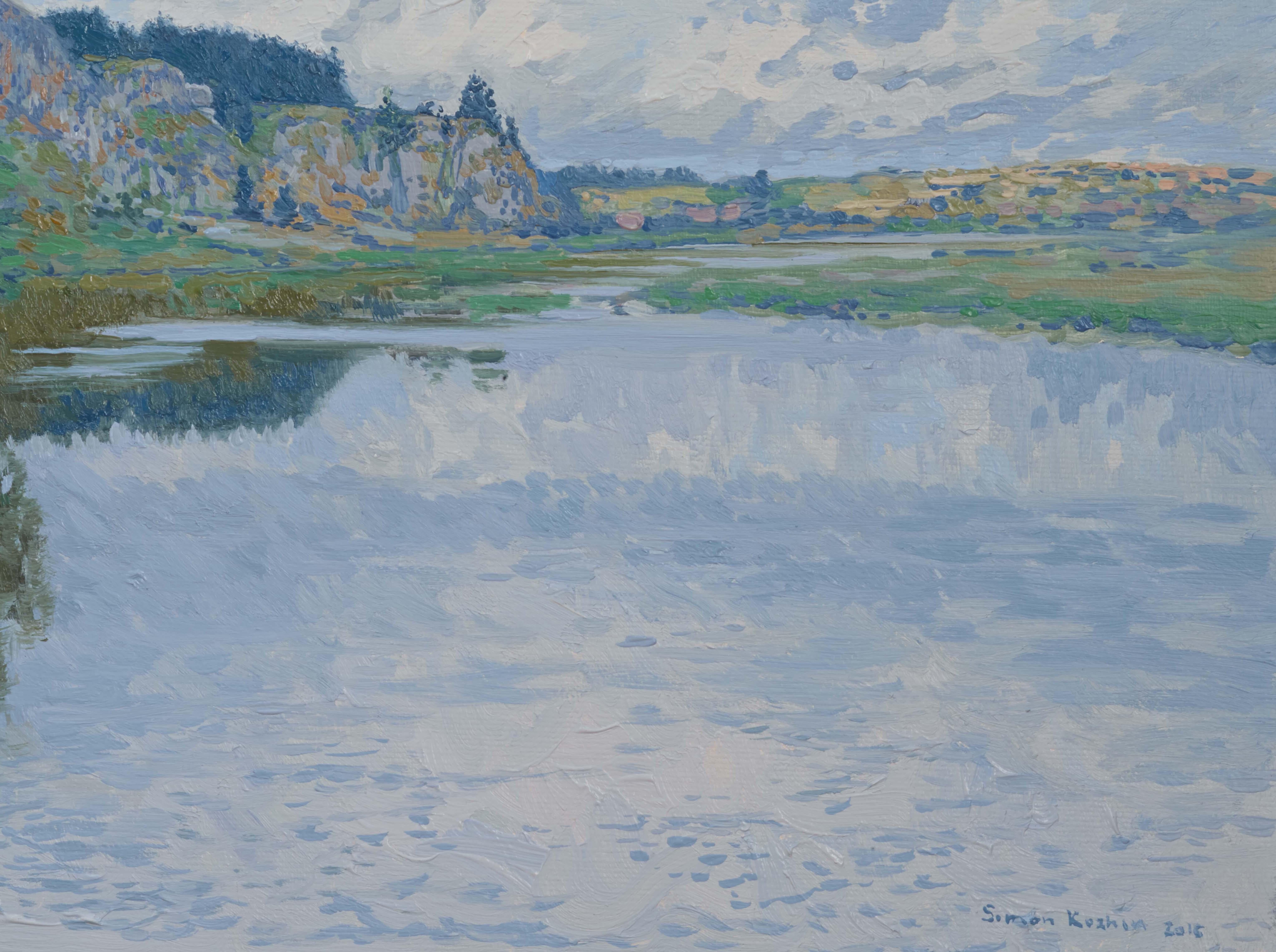 In this painting, I sought to capture the serene beauty of a reflective river, bordered by lush greenery and distant, rolling hills. I used the fluidity of oil paints to evoke a sense of calm and depth, blending colors to reflect both the