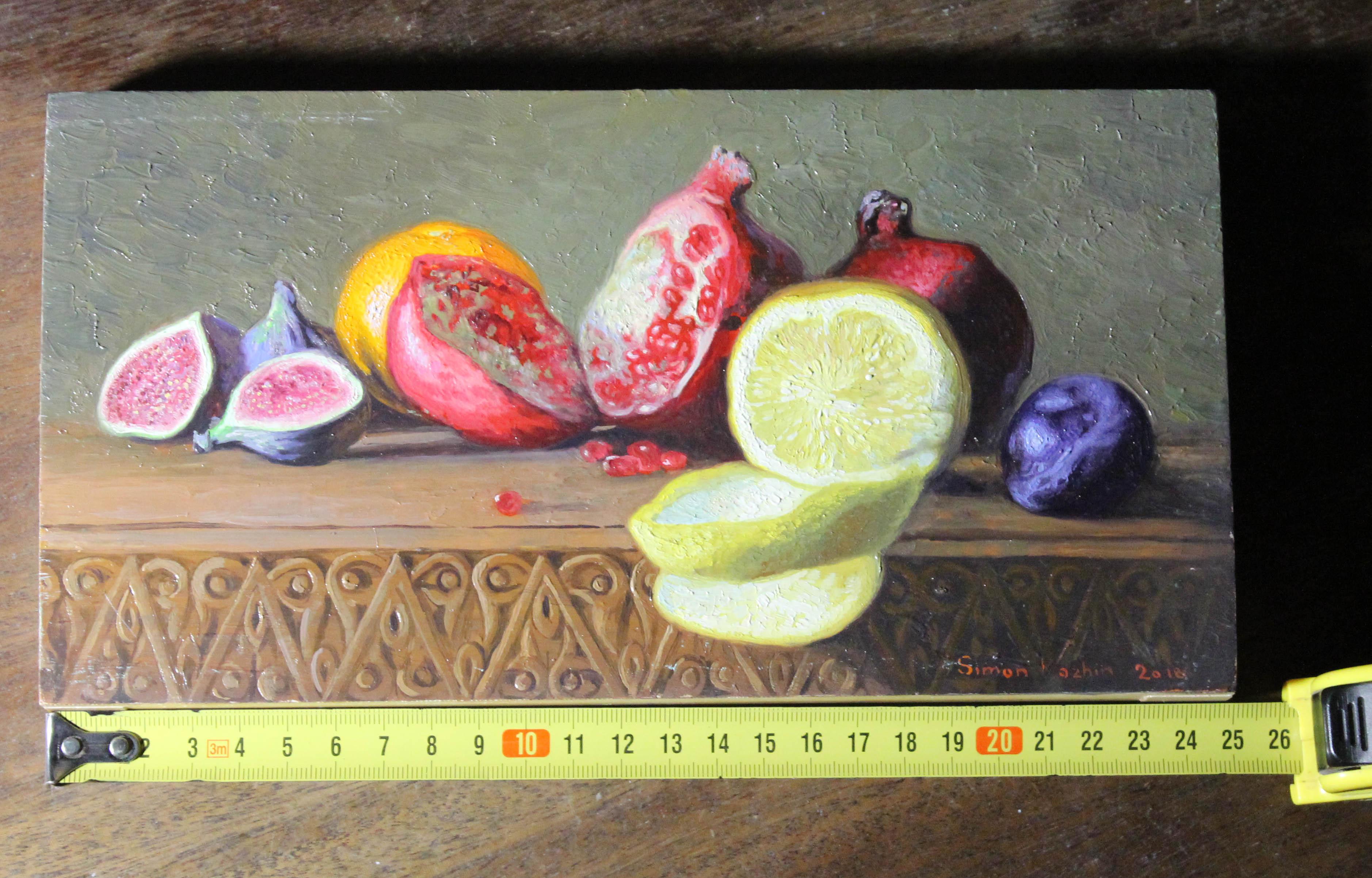 Still life with lemon and pomegranate - Realist Painting by Simon Kozhin