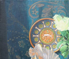 Still Life with Shell and White Roses, Colorful Oil Painting, 60x70 cm