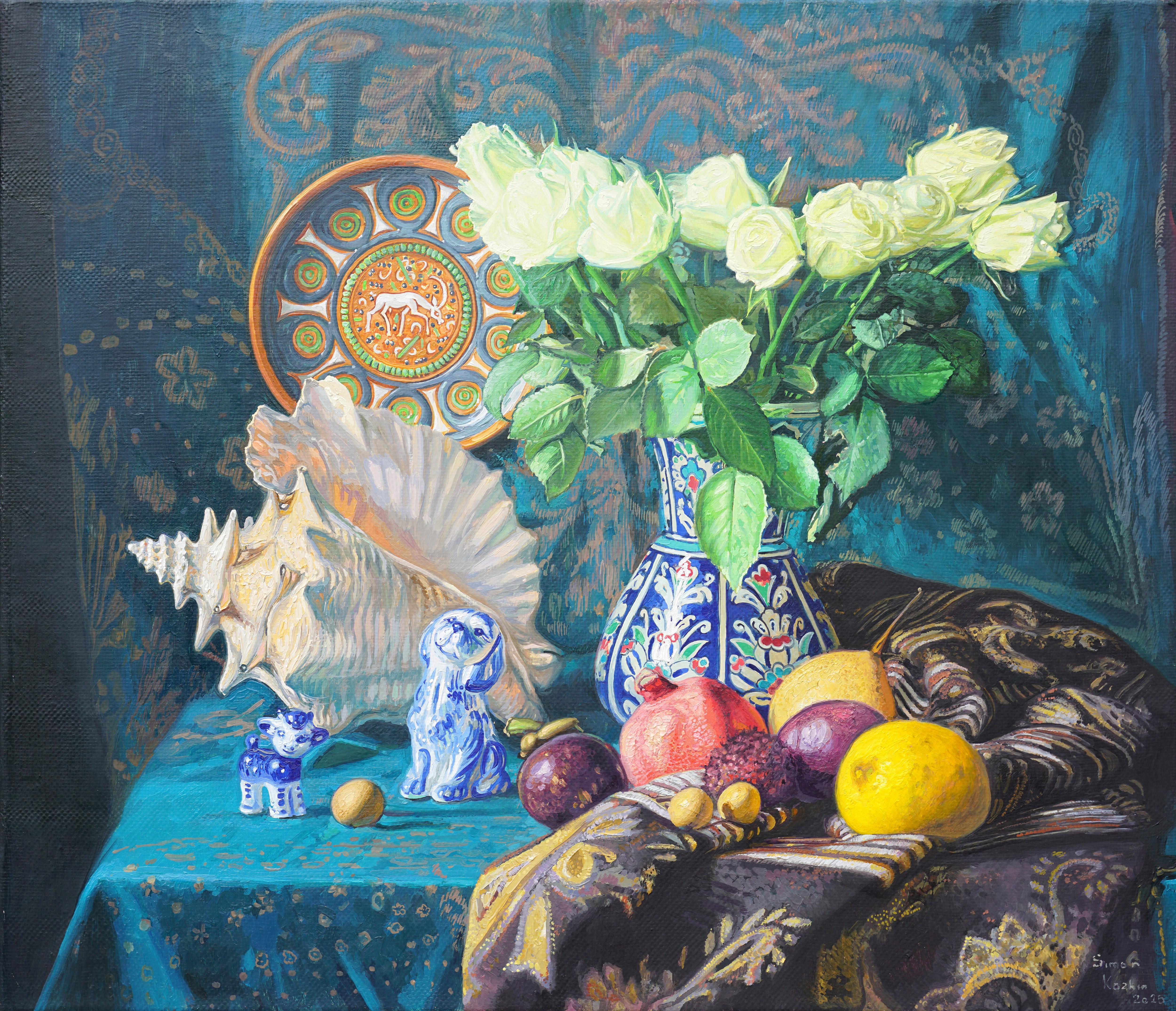 Simon Kozhin Still-Life Painting - Still Life with Shell and White Roses, Colorful Oil Painting, 60x70 cm