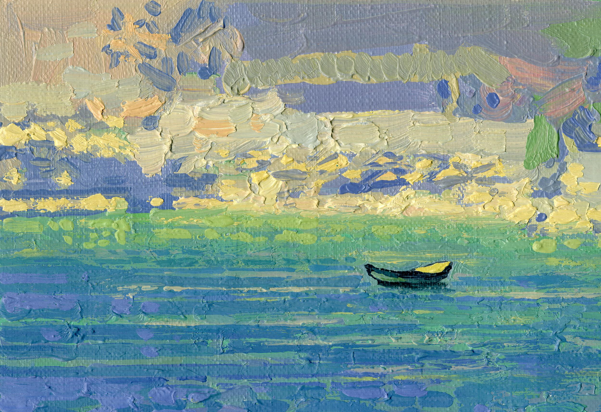 Steine und ein Boot – Painting von Simon Kozhin