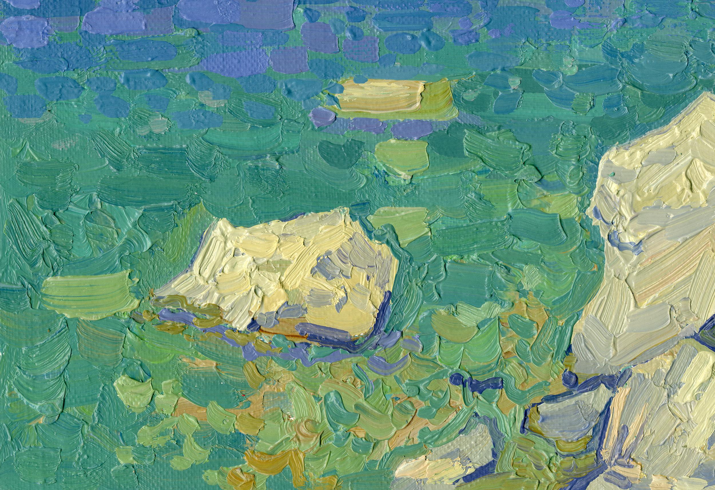 Steine und ein Boot (Grau), Landscape Painting, von Simon Kozhin