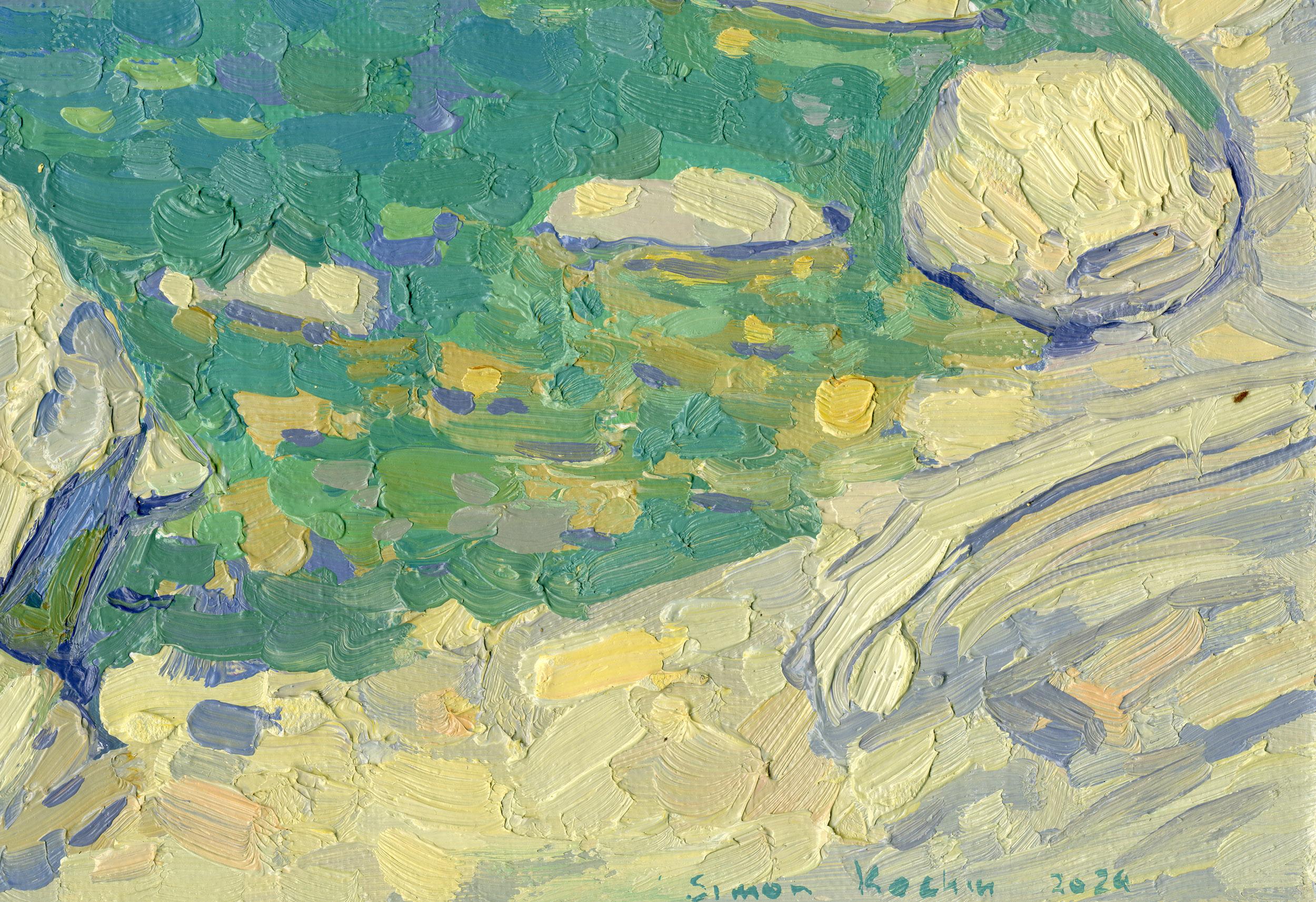 Der Künstler malte dieses einfache Luftbild an einem felsigen Berghang in der Türkei, das eine sonnige Küstenlandschaft am Stadtrand von Turunc zeigt und meisterhaft in einem impressionistischen Stil ausgeführt ist. Reich strukturierte Pinselstriche