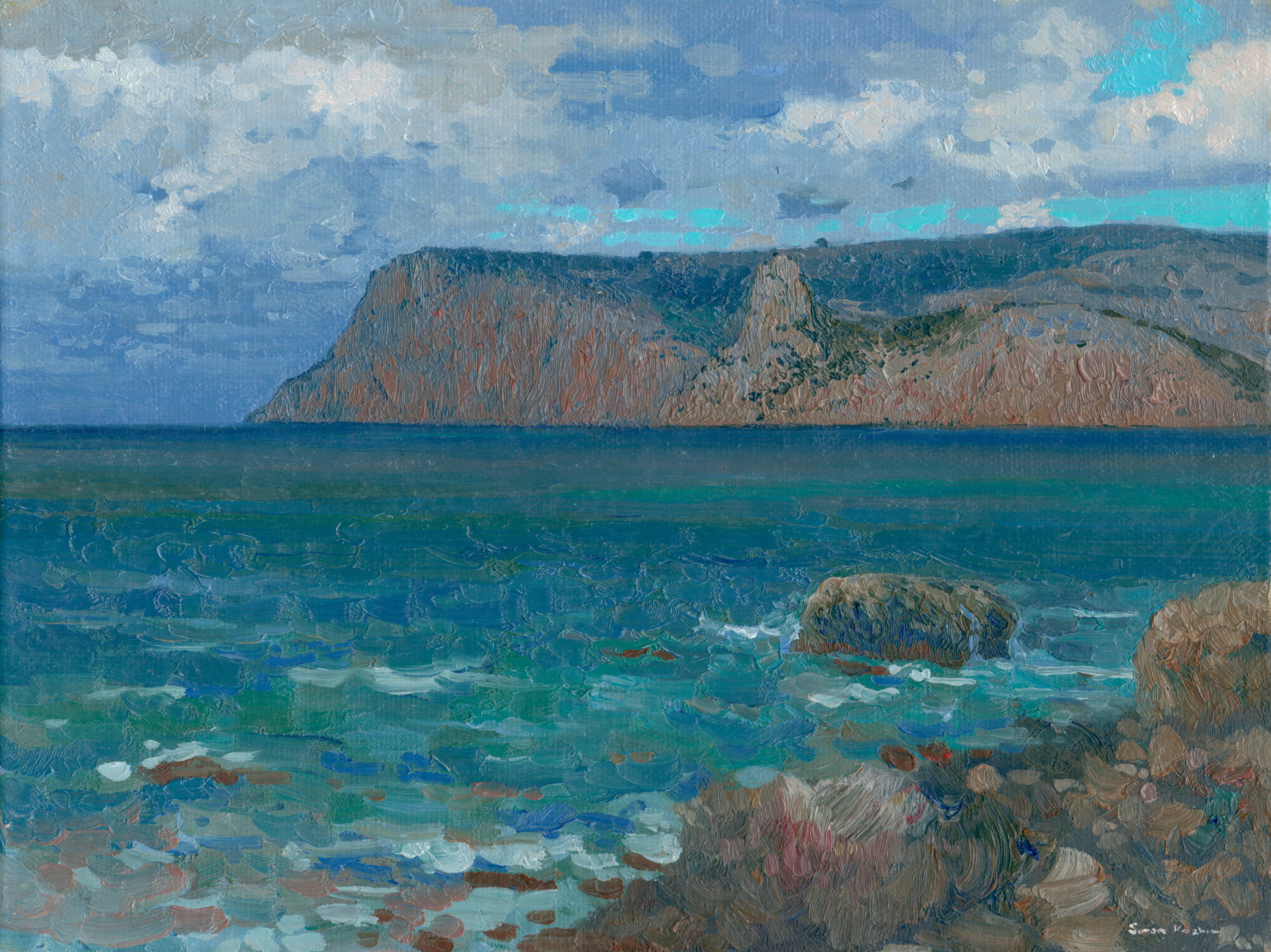 Simon Kozhin Landscape Painting – Sturm auf See. Cape Kuron Impressionismus Gemälde 2012 Öl auf Leinwand auf Karton Neu