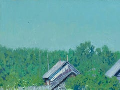 Pittura paesaggistica del villaggio Sukhoi Ruchey, capanne rustiche, 60x80 cm