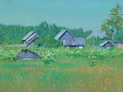 Pintura Paisaje Aldea Sukhoi Ruchey, Cabañas rústicas, 60x80 cm
