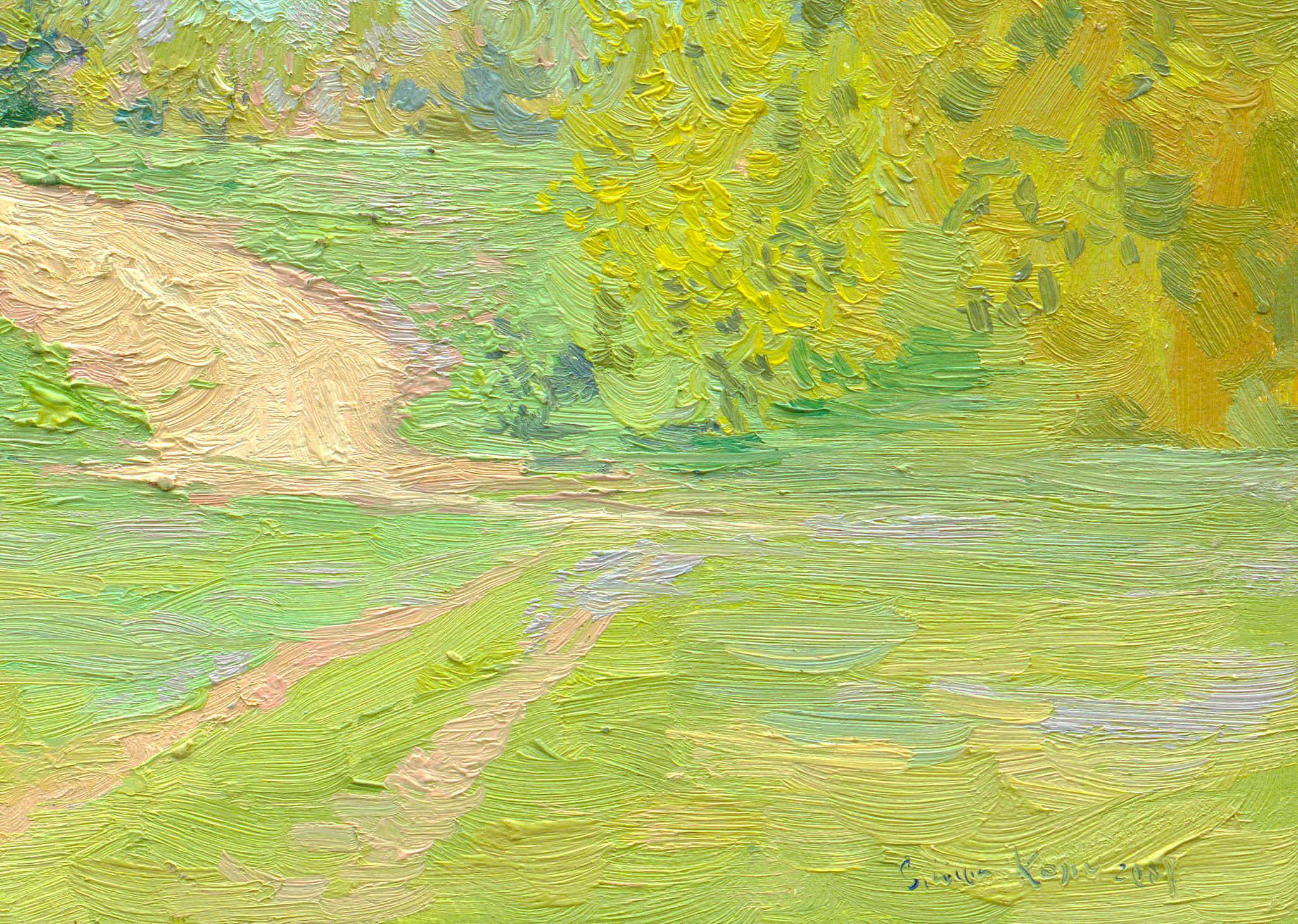 In this piece, I explored the transient beauty of nature with rich oils, blending impressionism's vivid play of light with realism's grounded textures. I sought to evoke a sense of peace and timeless serenity, inviting viewers to walk the tranquil