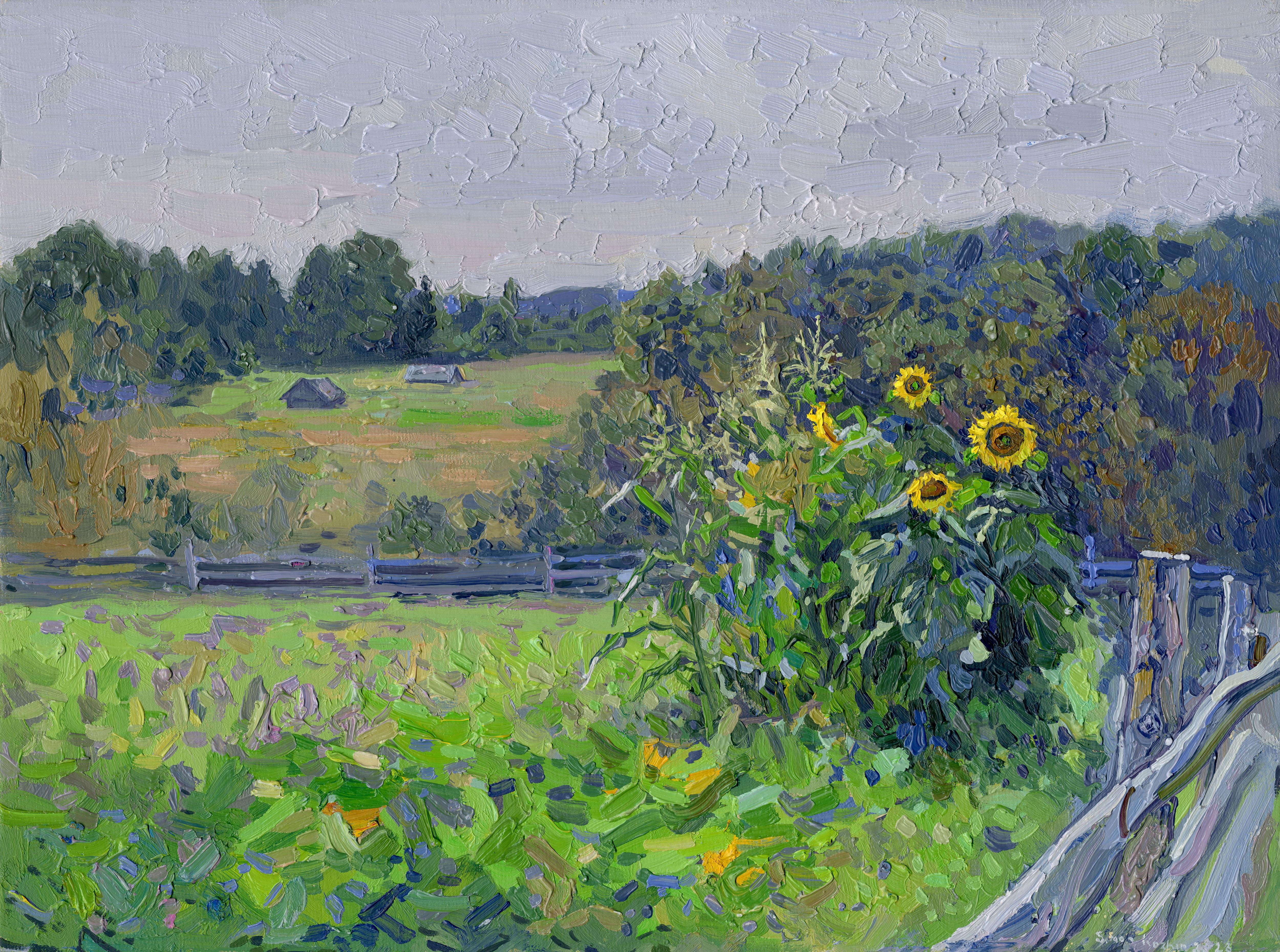 Landscape Painting Simon Kozhin - Sunflowers and bathhouses in the village of Kruptsovo