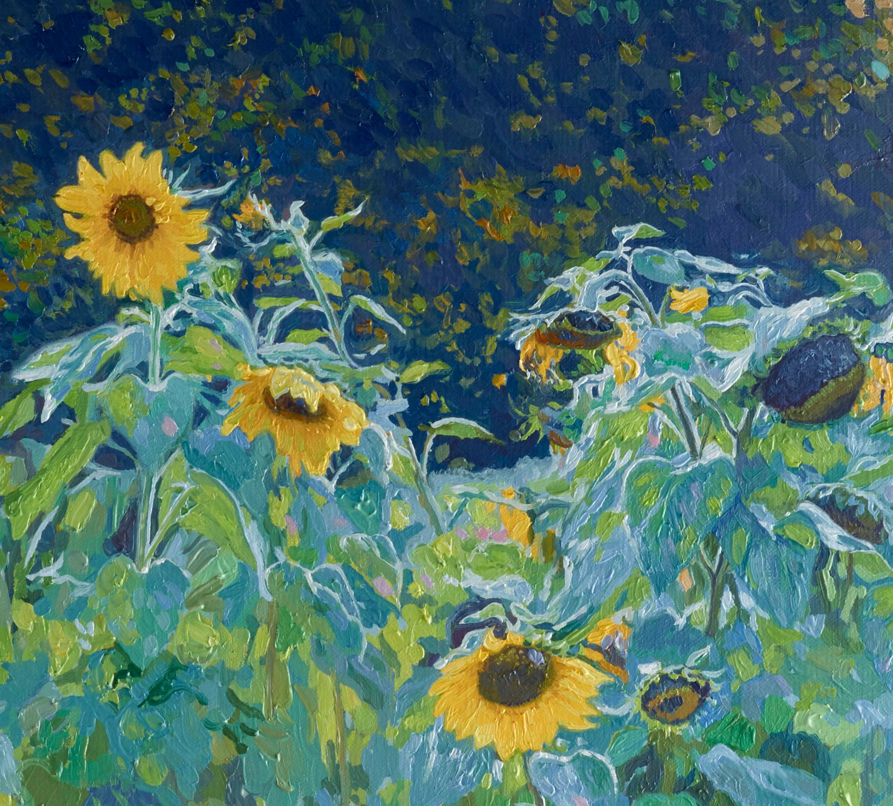 Sonnenblumen in Kolomenskoye (Grau), Landscape Painting, von Simon Kozhin