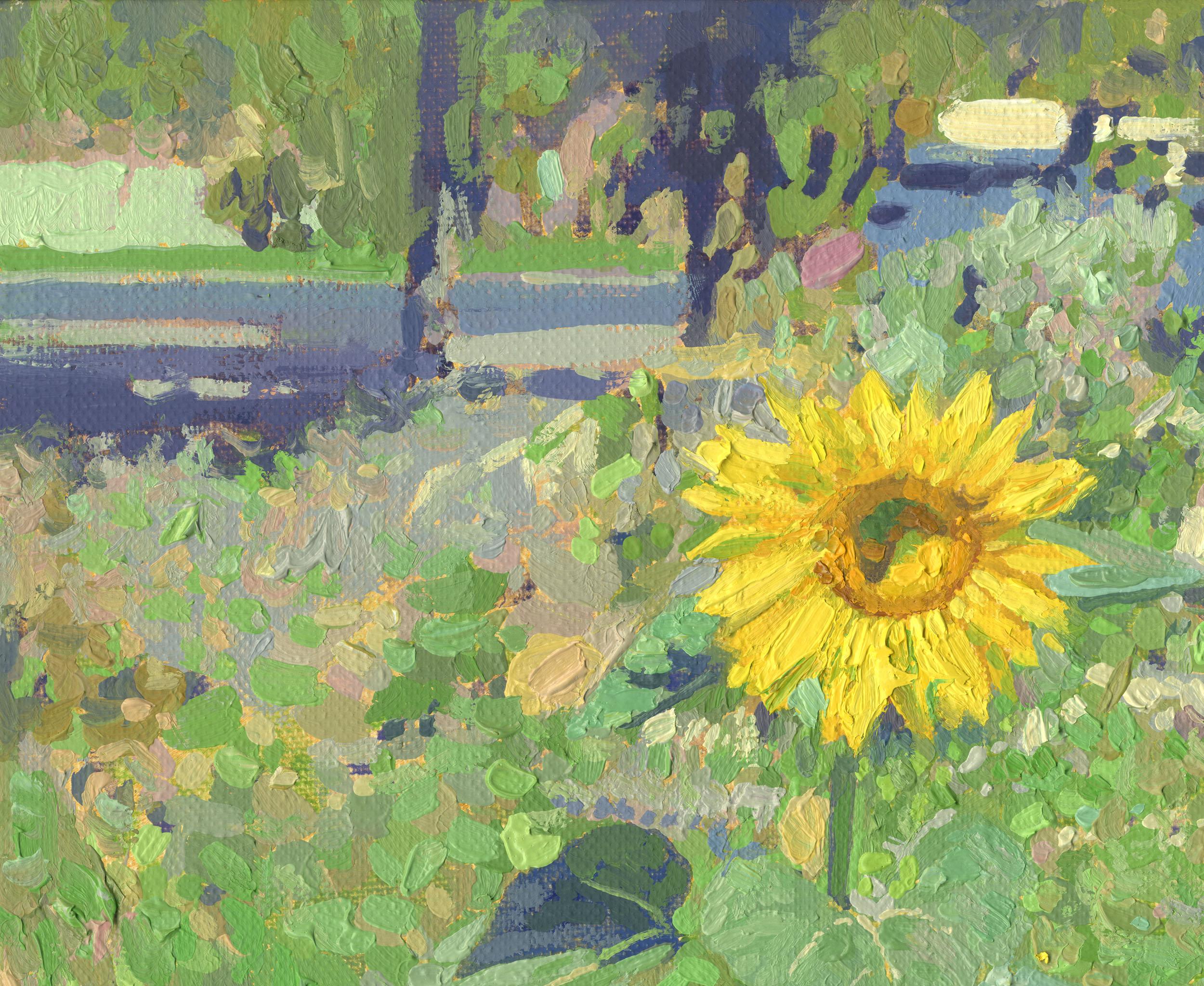 Sonnenblumen in Maryino – Painting von Simon Kozhin
