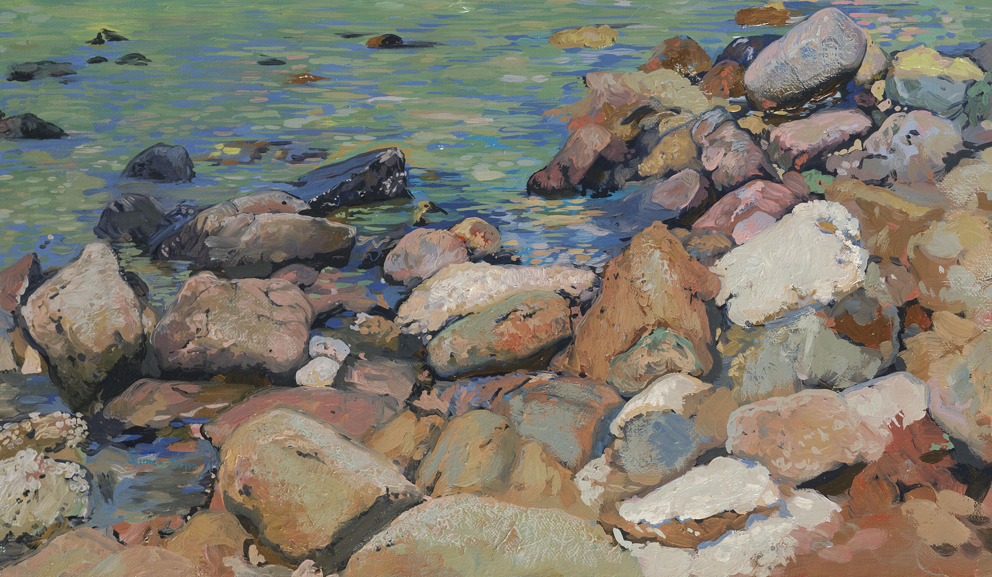Nuestro siguiente viaje plein air fue a la antigua ciudad de Phaselis, en Turquía. Hermosa costa con colinas azules y lilas. En la bahía había un gran número de yates. Y la inusual variedad de piedras de la orilla, en color y textura, es