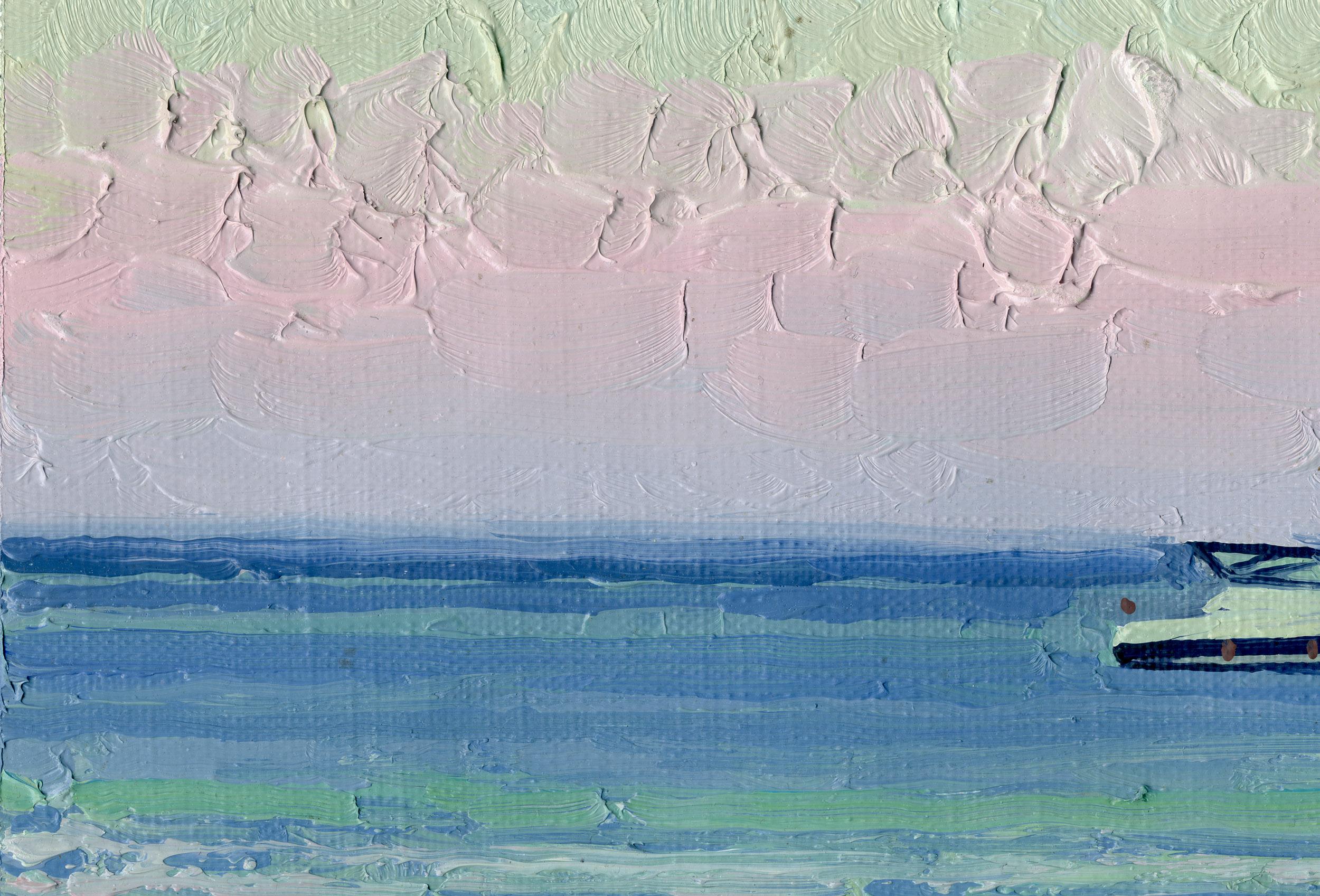 Sonnenuntergang. Boote auf dem Meer – Painting von Simon Kozhin