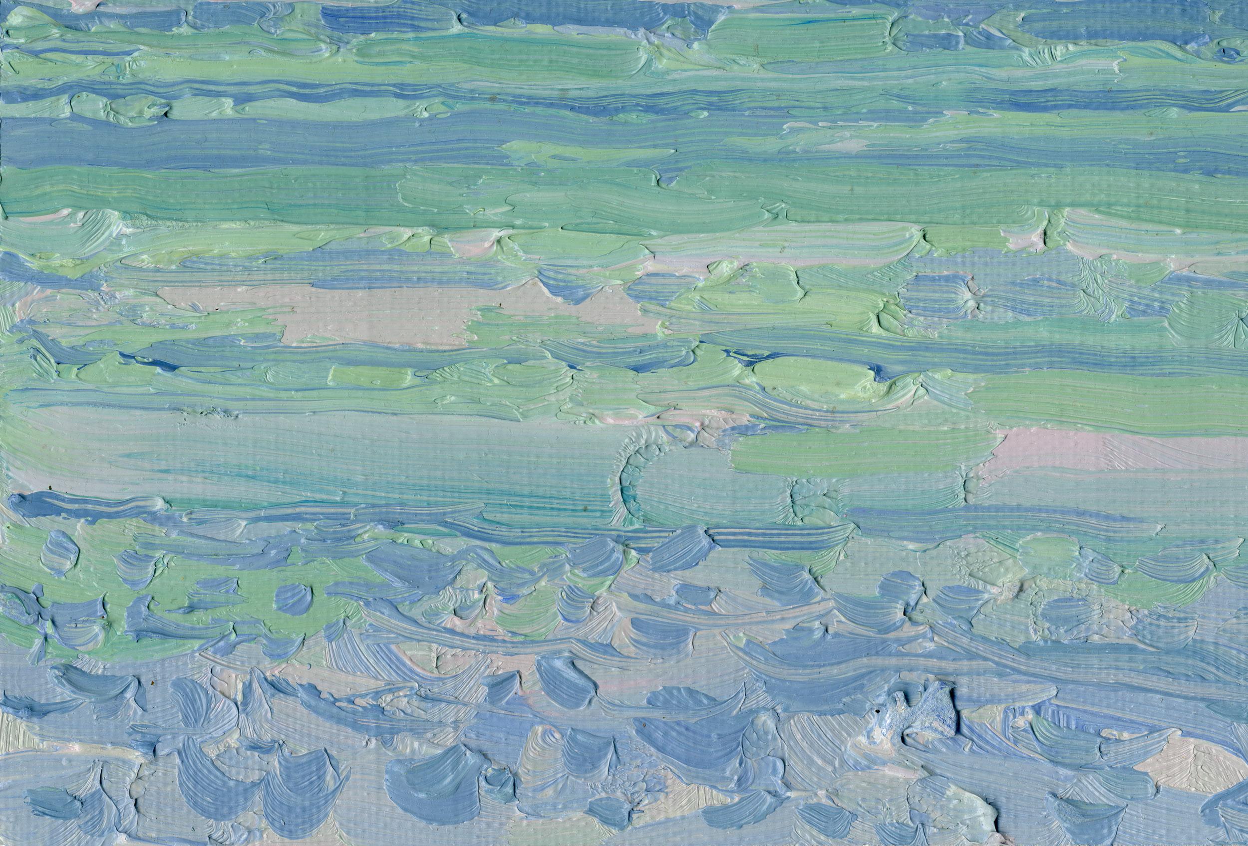 Sonnenuntergang. Boote auf dem Meer (Blau), Landscape Painting, von Simon Kozhin