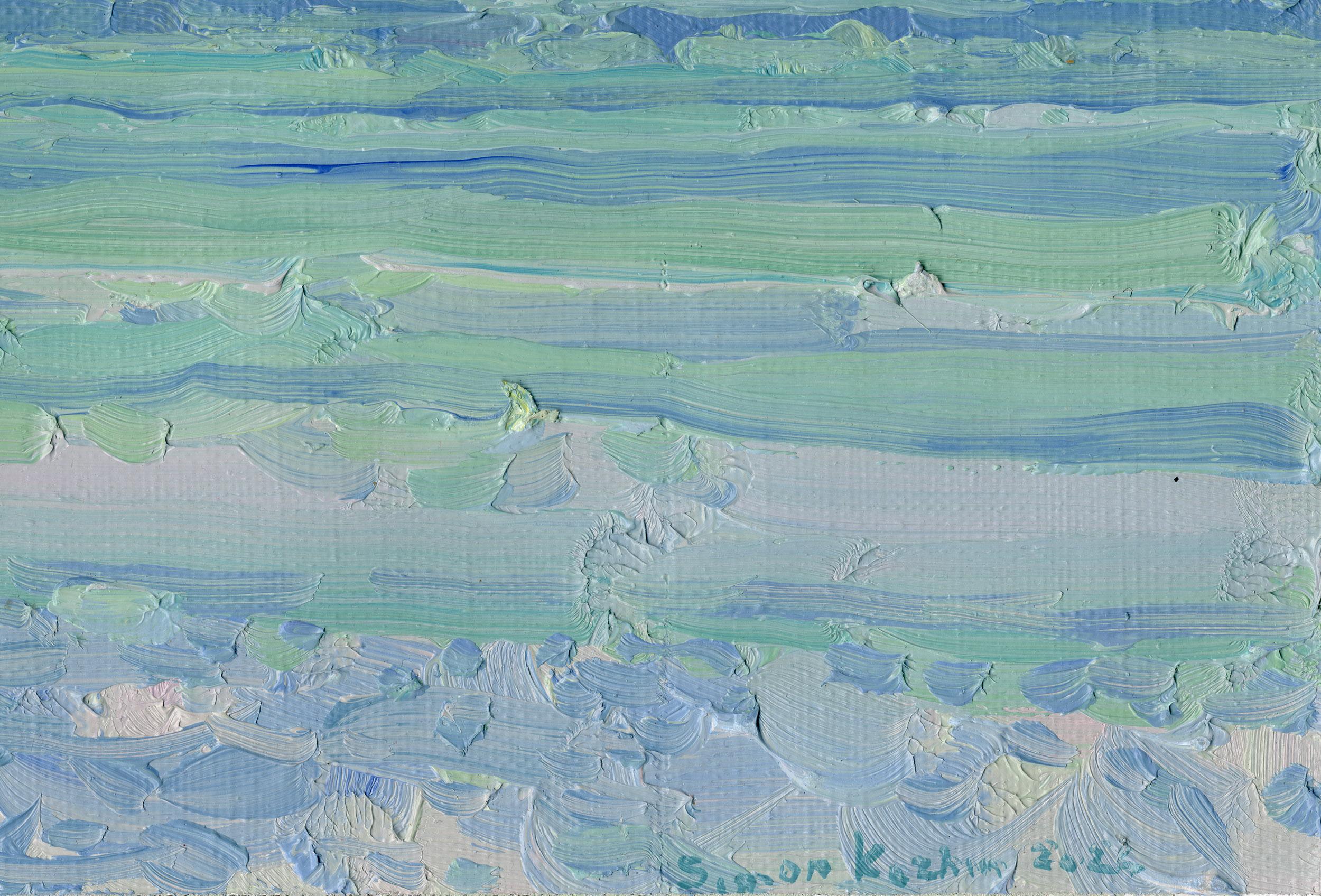 Dieses einfache Luftbild, das am Strand von Turunc in der Türkei gemalt wurde, zeigt eine ruhige Meereslandschaft, die in die Pastelltöne eines sanften Sonnenuntergangs getaucht ist. Der Künstler verwendet gekonnt einen impressionistischen Stil, der