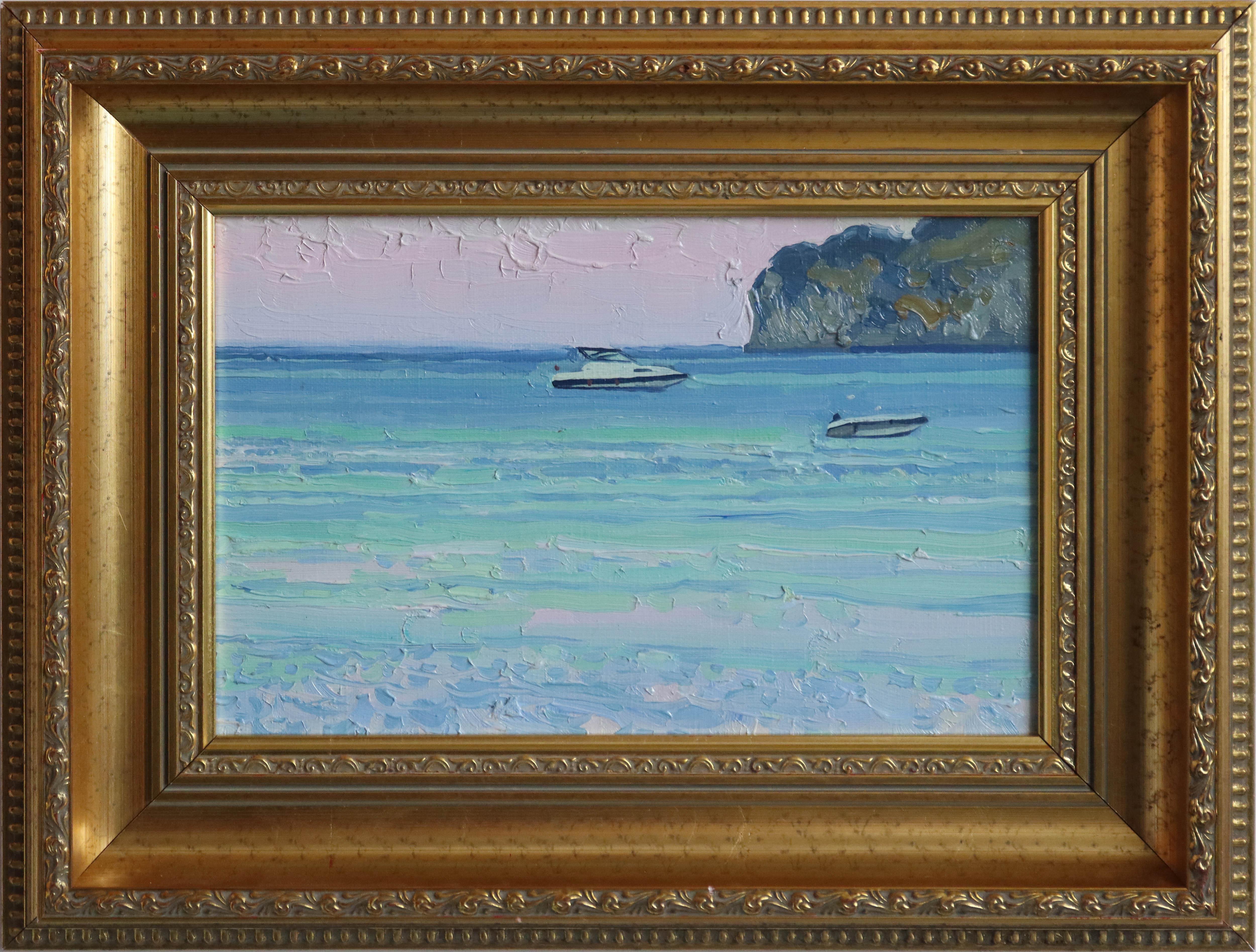 Sonnenuntergang. Boote auf dem Meer im Angebot 1