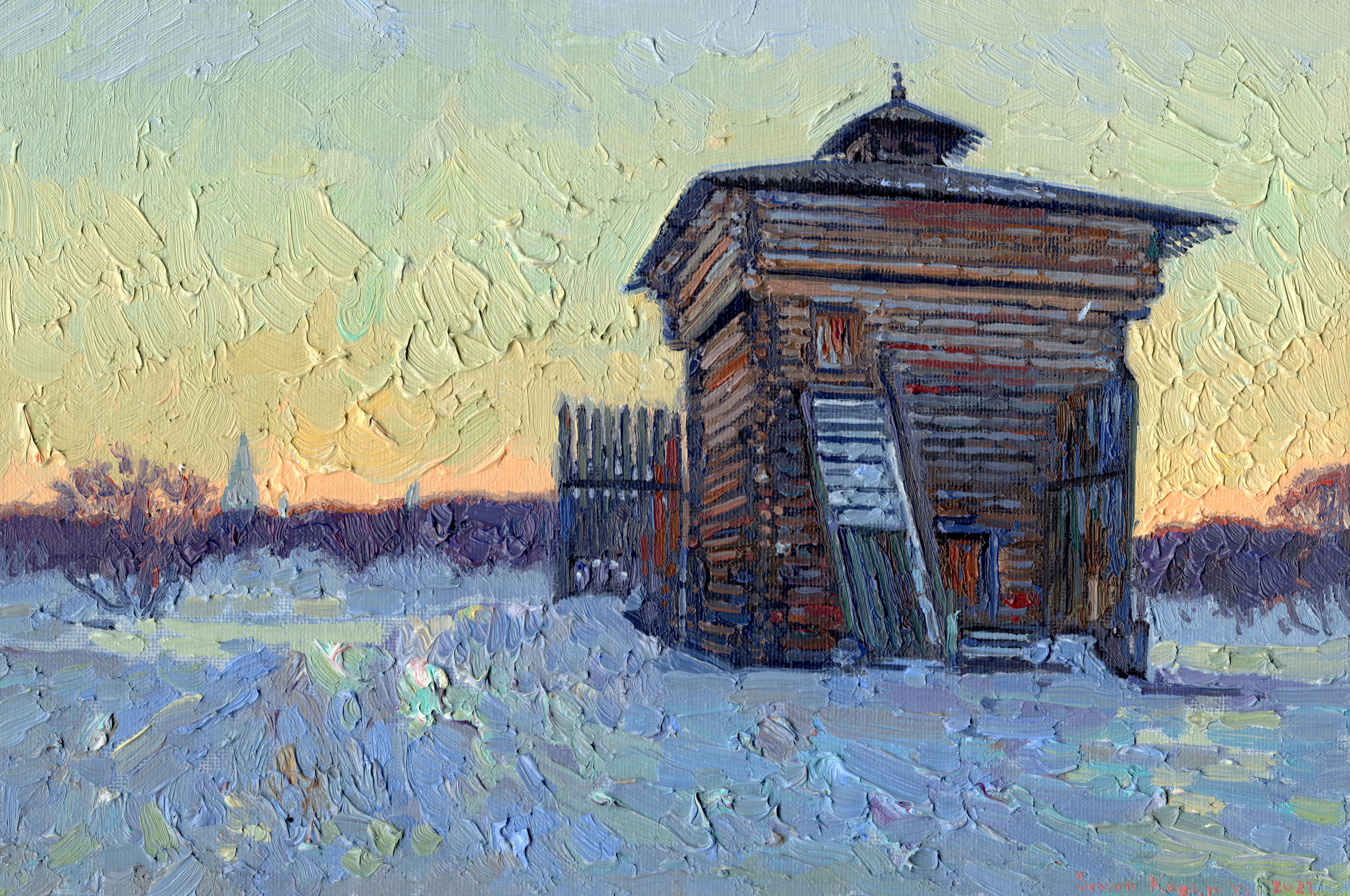 Simon Kozhin Landscape Painting – Sonnenuntergang. Februar. Tower des Bratsk-Gefängnisses. Kolomenskoje