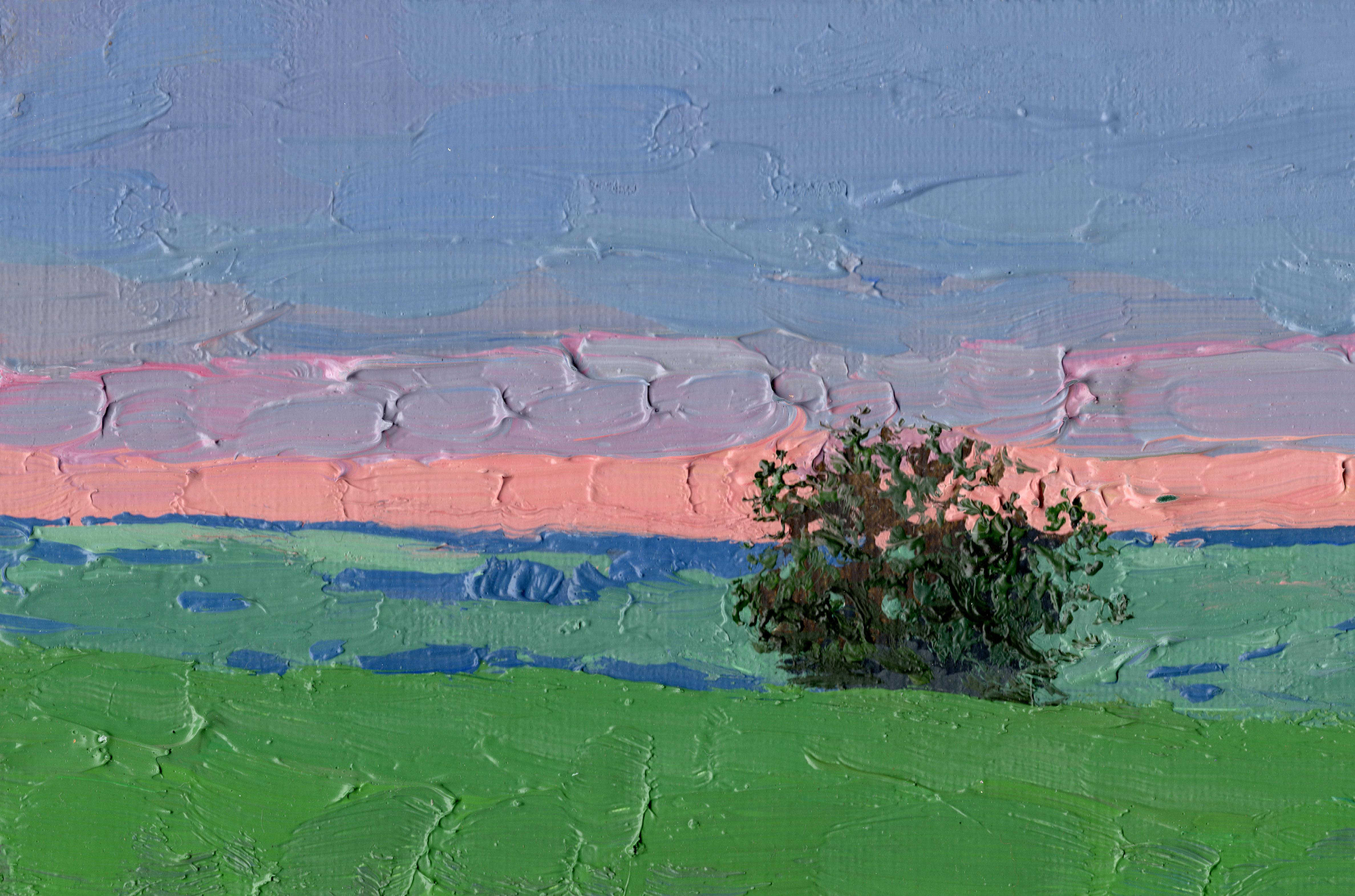 Sonnenuntergang in einem Erbsenfeld – Painting von Simon Kozhin
