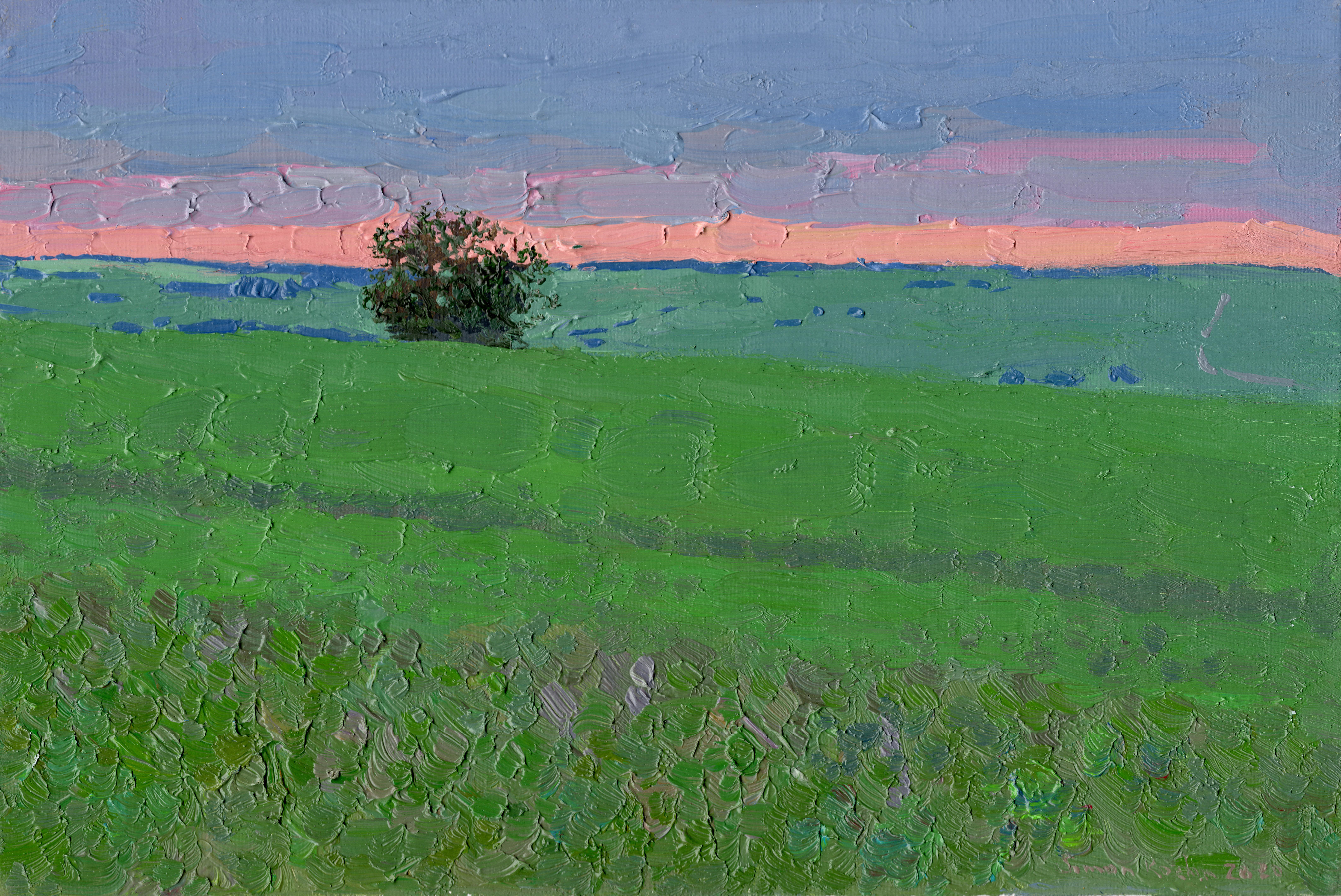 Simon Kozhin Landscape Painting – Sonnenuntergang in einem Erbsenfeld