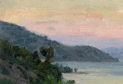 Atardecer en Alushta, Pintura de paisaje, Óleo sobre lienzo, 20x30 cm