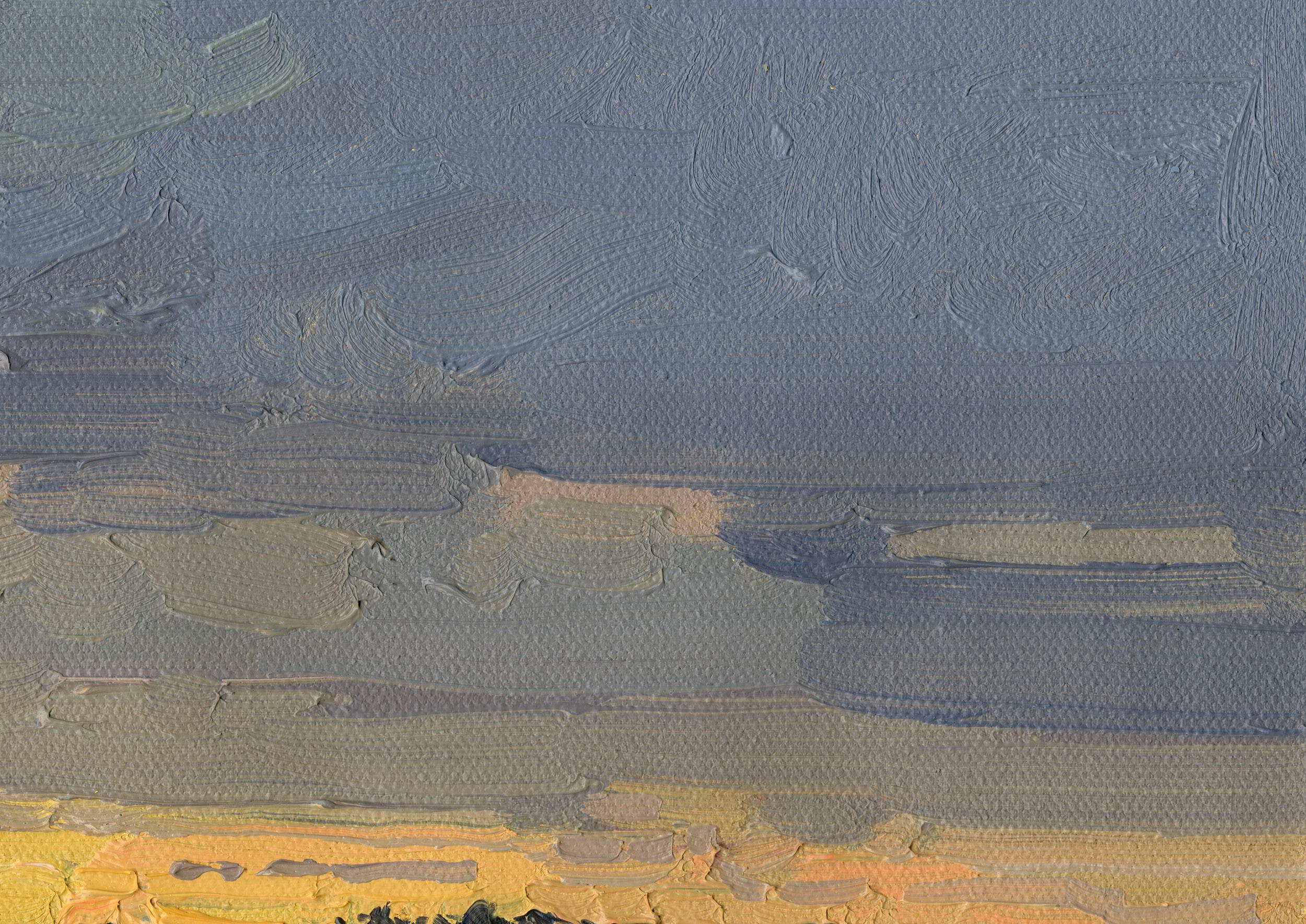 Sunset in Maksimkovo - Gris Landscape Painting par Simon Kozhin