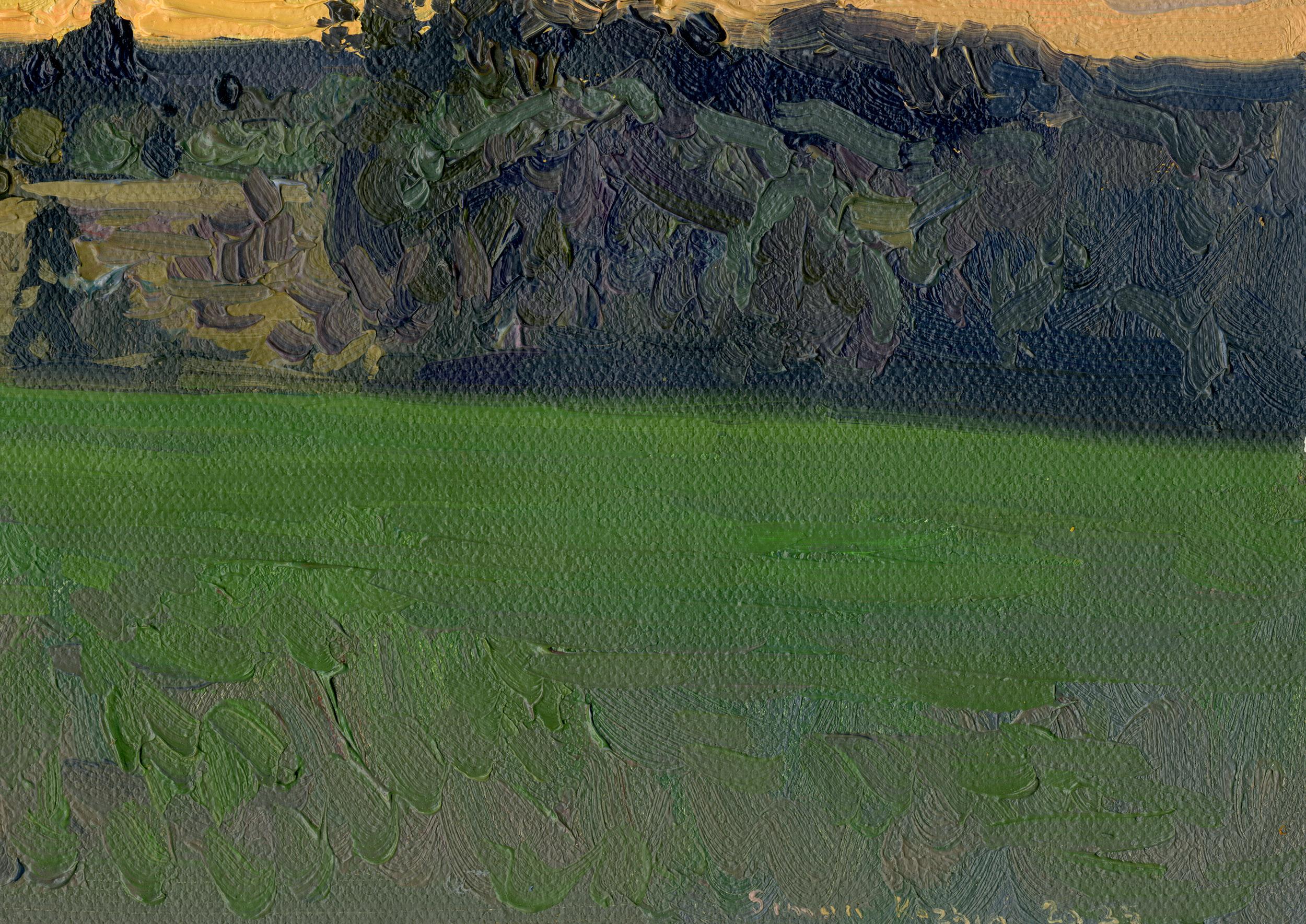 This sketch, painted by the artist from plain air near Maksimkovo, is a dramatic landscape at sunset, capturing the approach of rain on the slope of the day and the transition from day to night. The sky, dominated by a tense interplay of soft