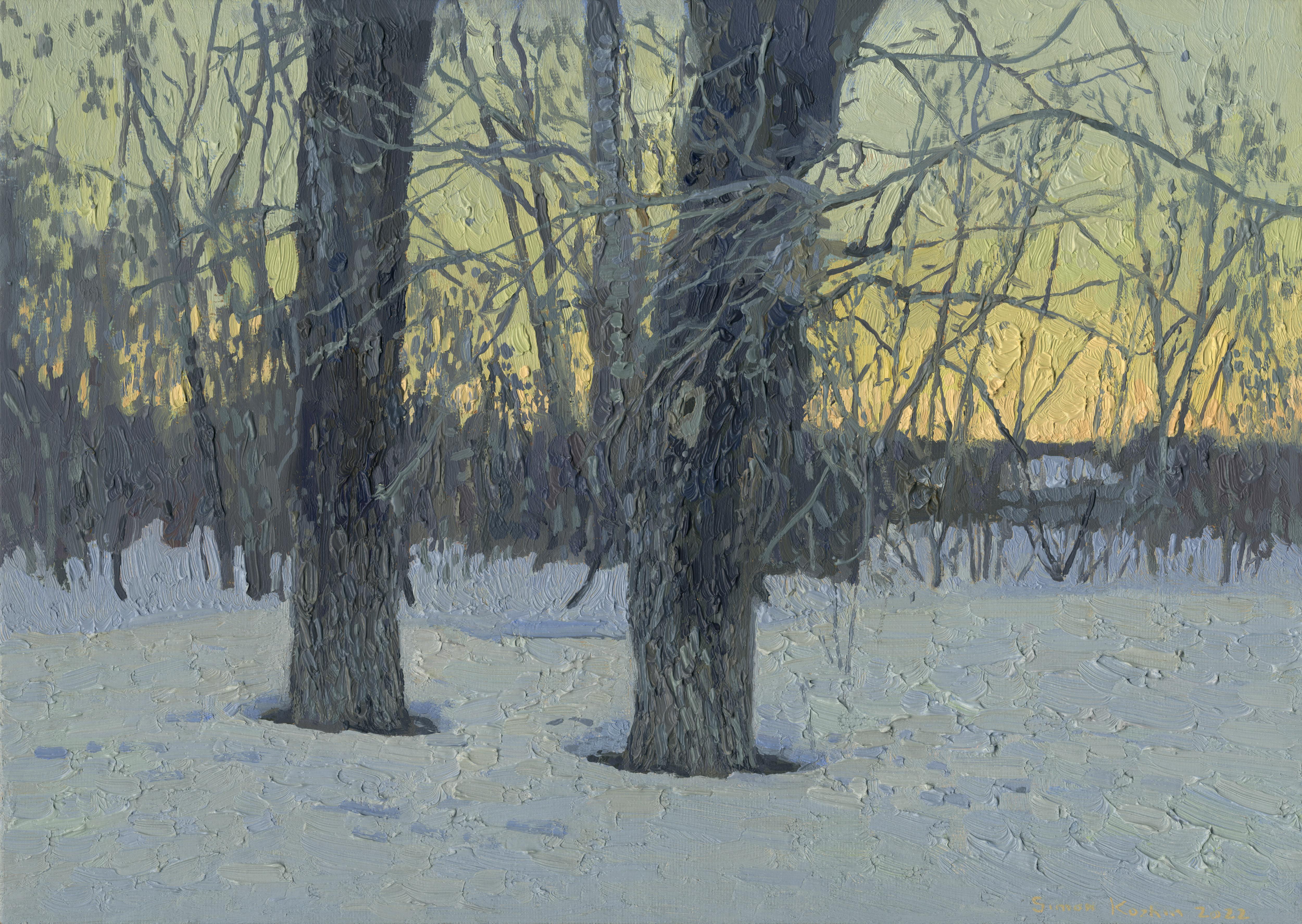 Landscape Painting de Simon Kozhin - Puesta de sol en Stupino. Febrero
