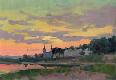 Sonnenuntergang in Veliky Ustyug Impressionistisches Gemälde 2001 Öl auf Karton 20 x 30 Gerahmt