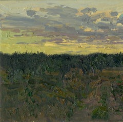 Coucher de soleil à Zhitkovo, peinture de paysage, huile sur toile, 20x38.5 cm