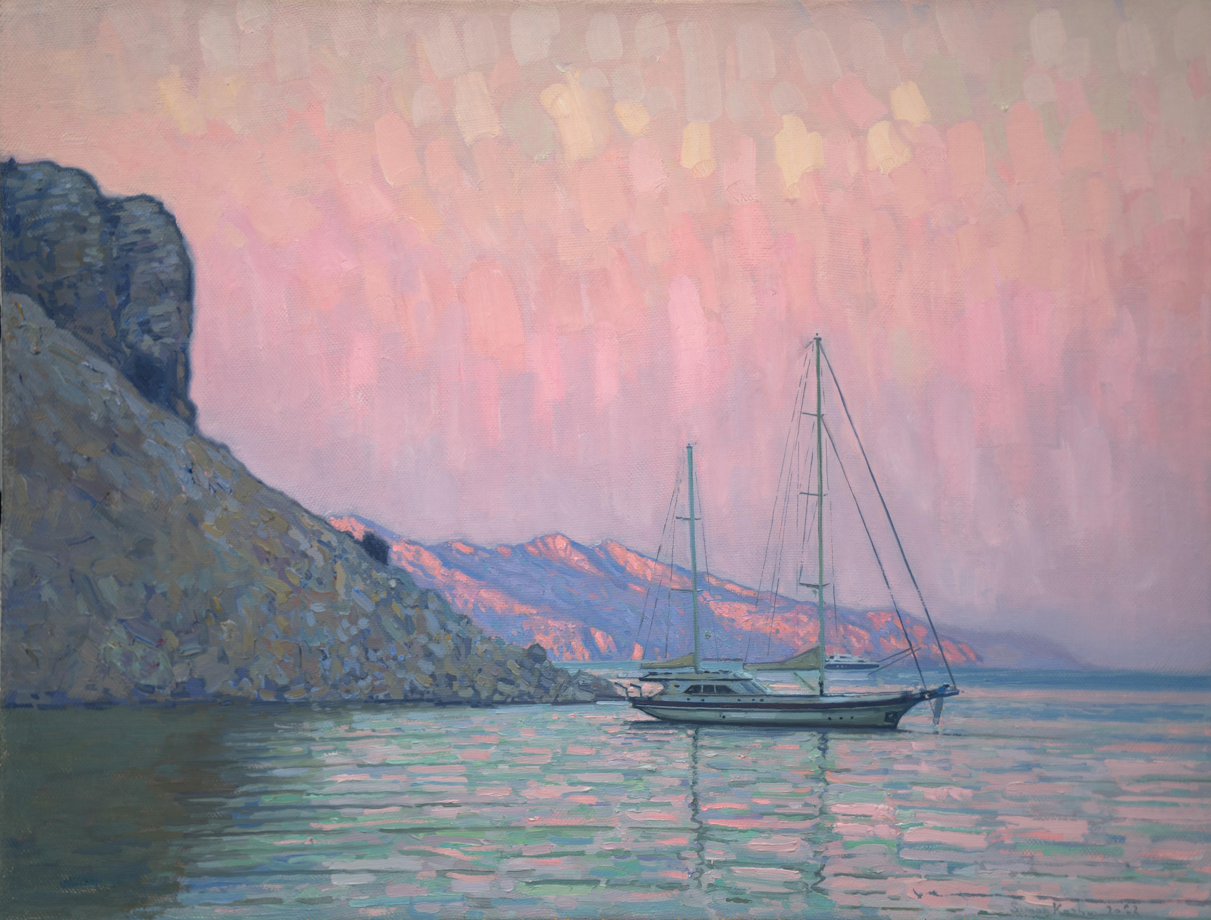 Simon Kozhin Landscape Painting - Sunset Italian Beach Painting, Seascape in Soft Pastels, 60x80 cm