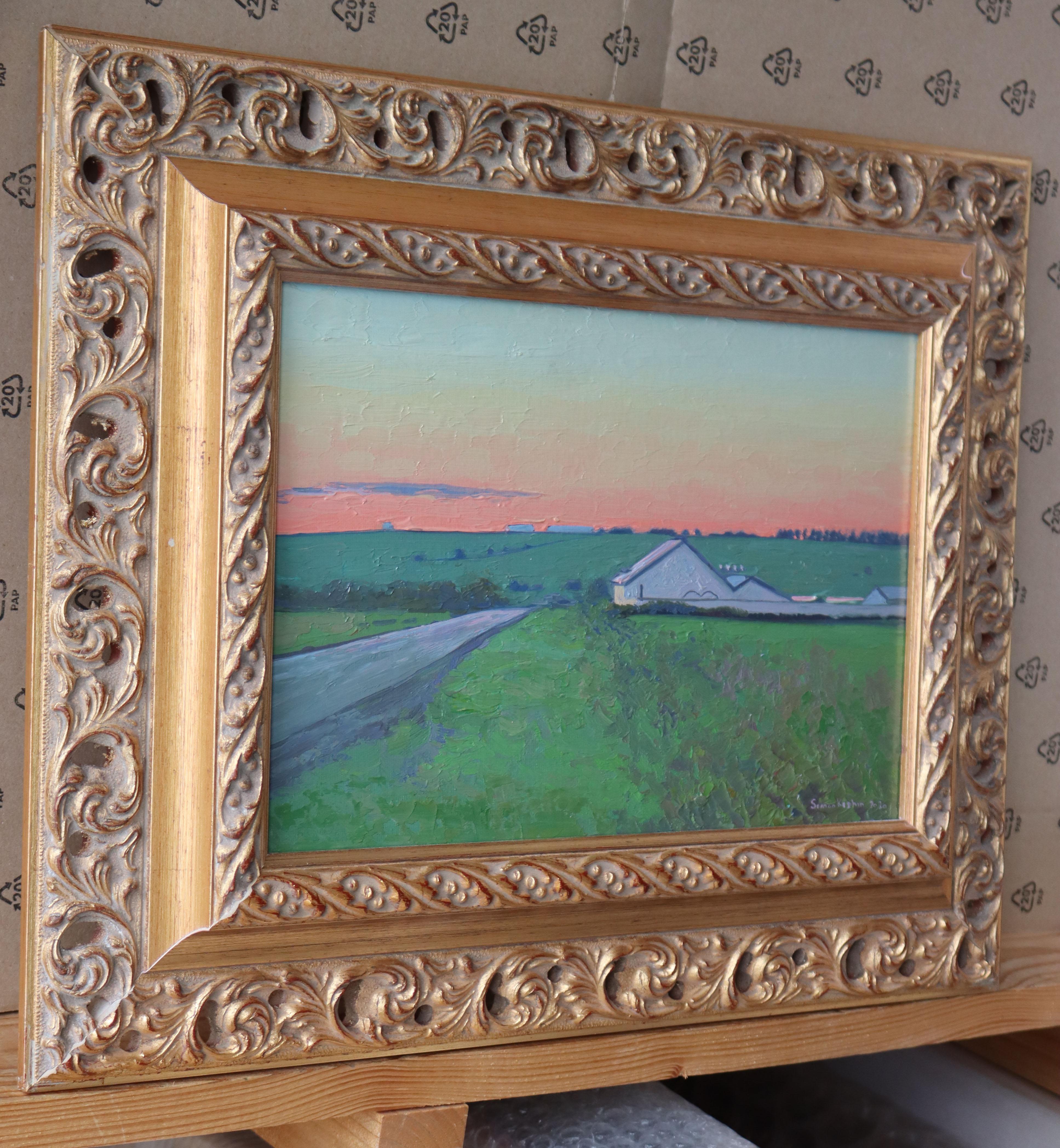 Tramonto in fattoria - Landscape Painting Grigio di Simon Kozhin