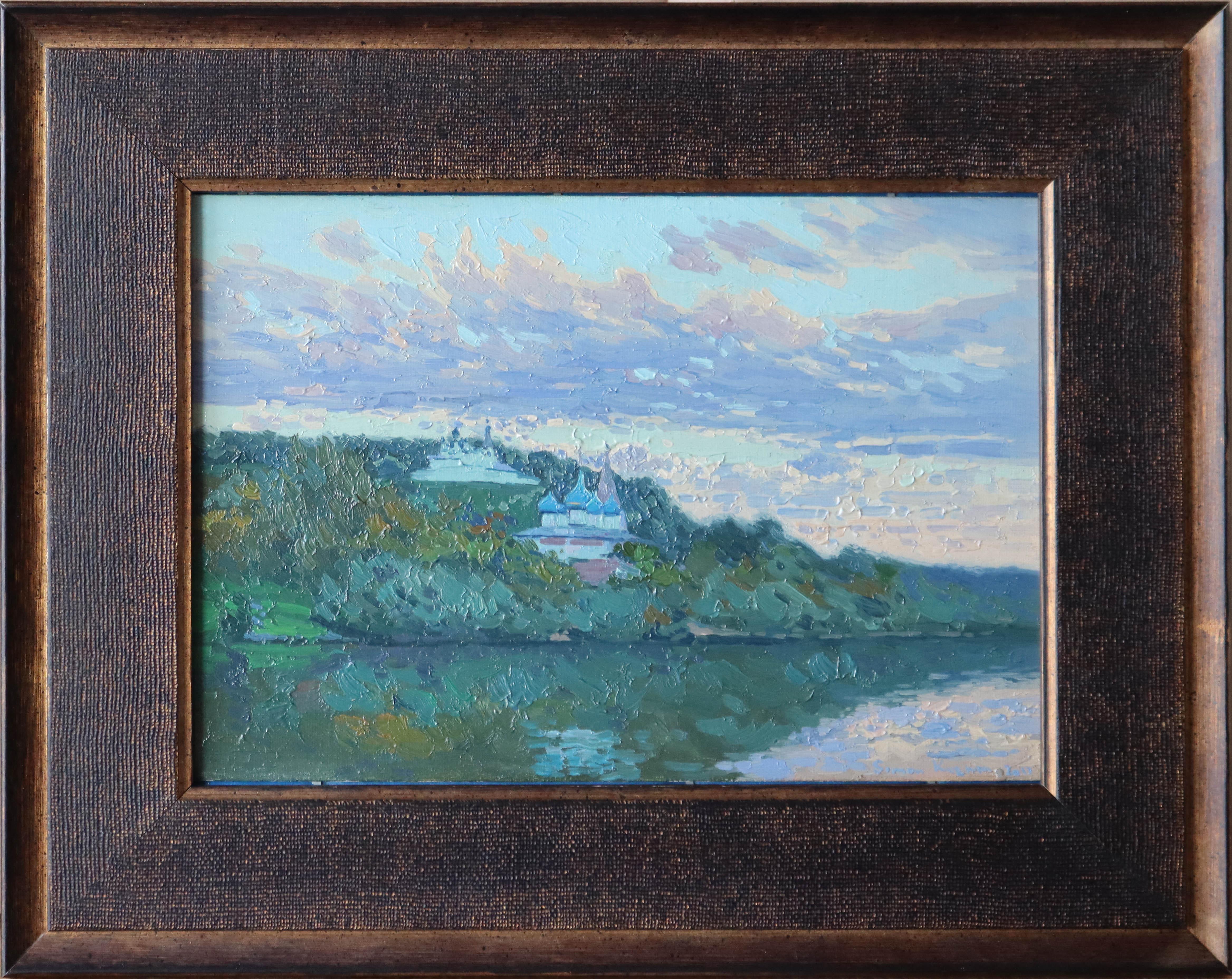 Landscape painting impressionist Sunset on the Klyazma River. Plein air. Clouds  - Painting by Simon Kozhin