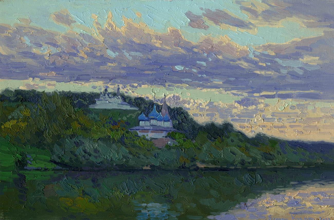 Simon Kozhin Landscape Painting - Landscape painting impressionist Sunset on the Klyazma River. Plein air. Clouds 
