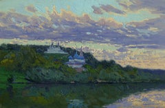 Landschaftsgemälde, impressionistischer Sonnenuntergang auf dem Klyazma-Fluss. Plein air. Wolken 