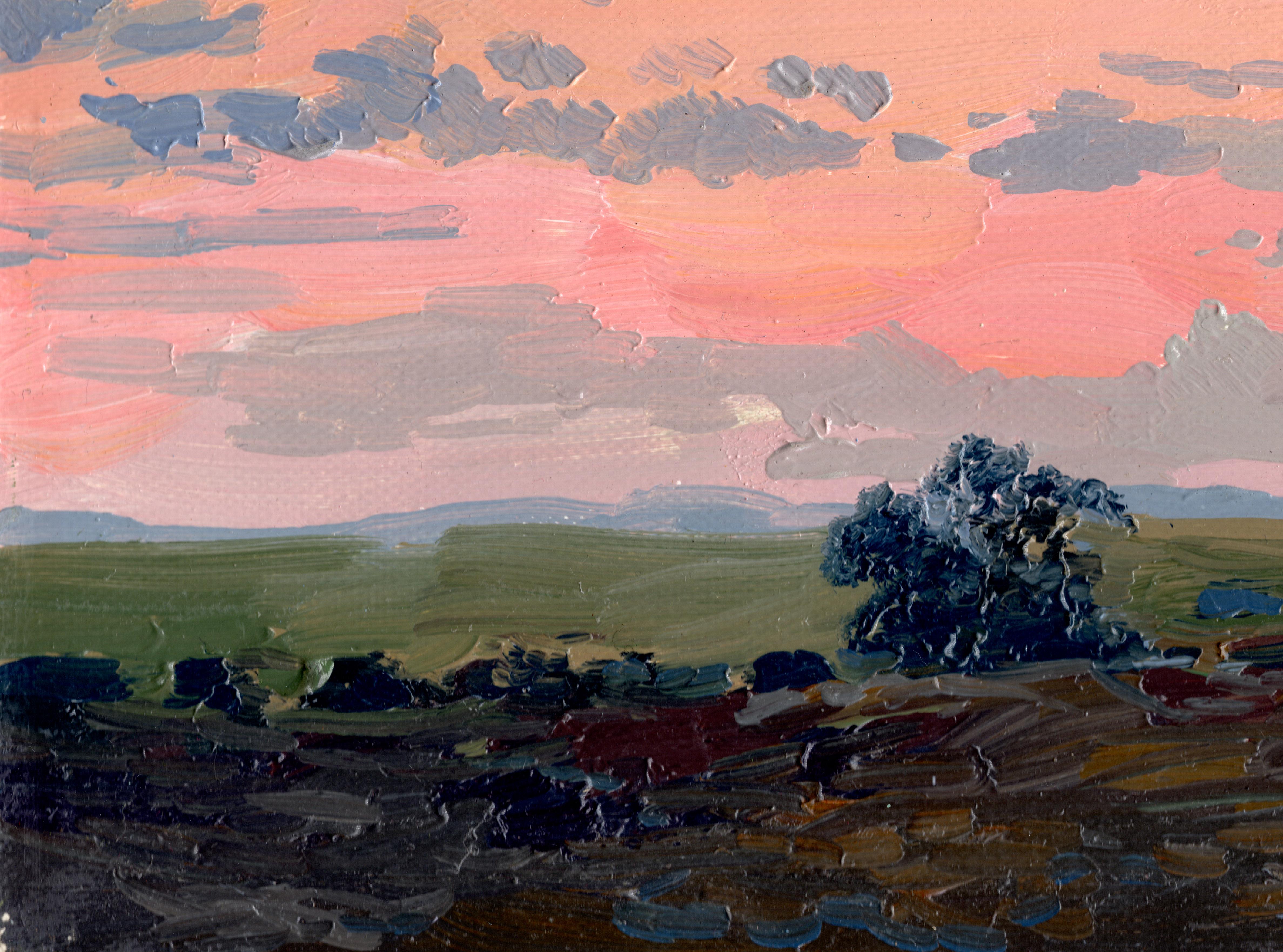 Le coucher du soleil. Champ russe - Beige Landscape Painting par Simon Kozhin